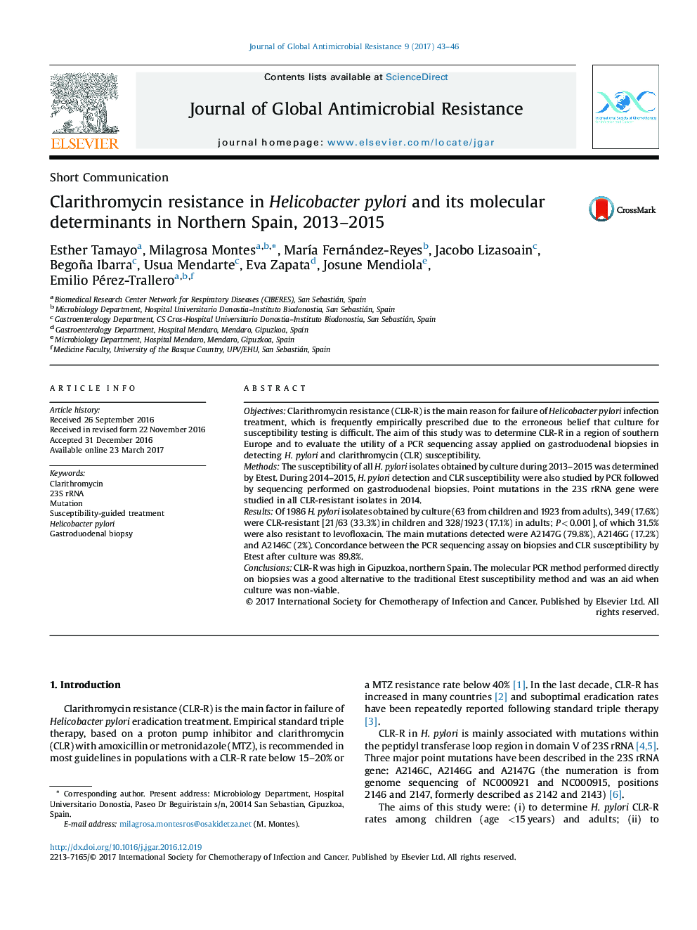مقاومت به کلاریترومایسین در هلیکو باکتر پیلوری و تعیین کننده مولکولی آن در شمال اسپانیا، 2013-2015 