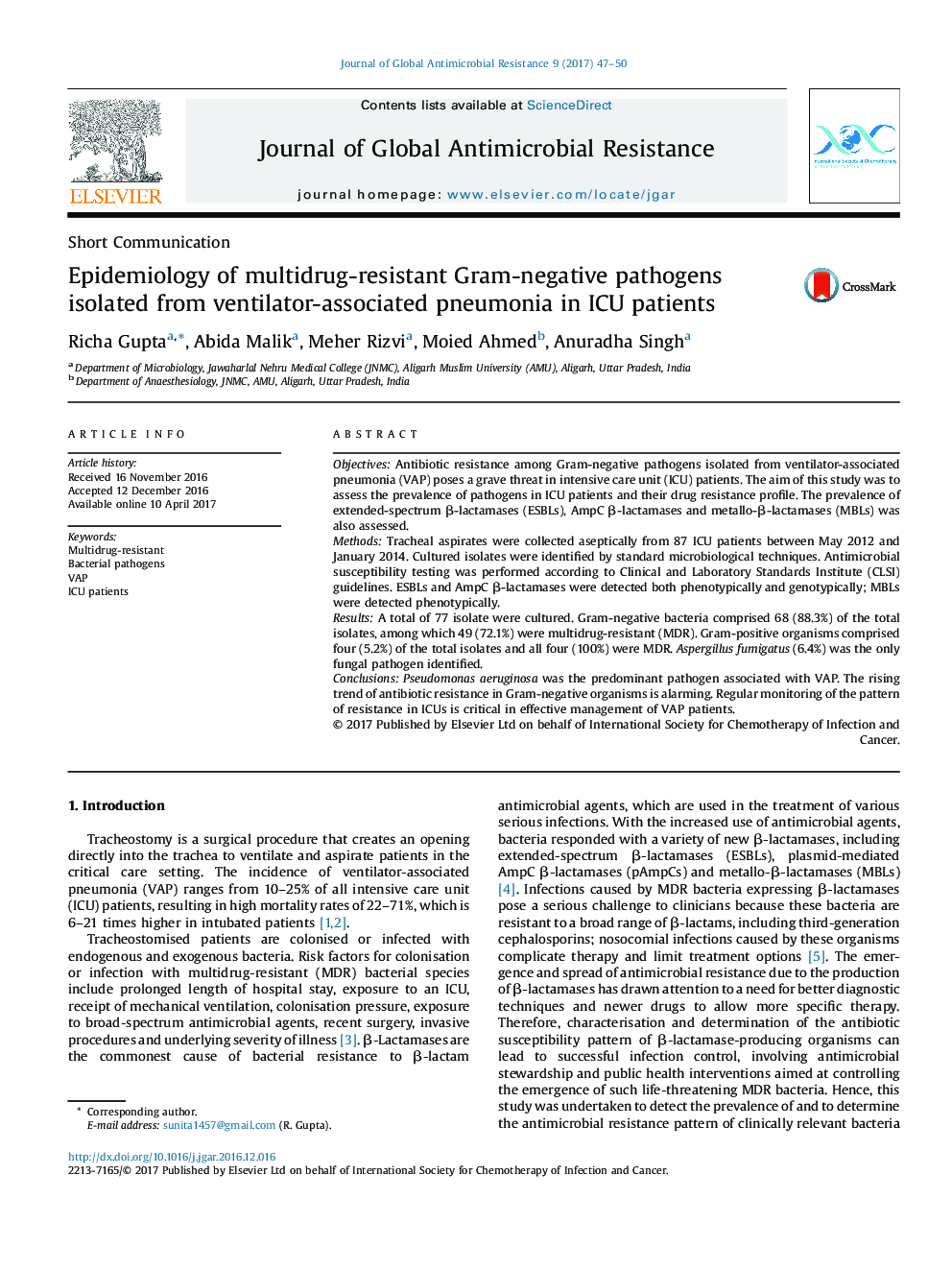 Epidemiology of multidrug-resistant Gram-negative pathogens isolated from ventilator-associated pneumonia in ICU patients