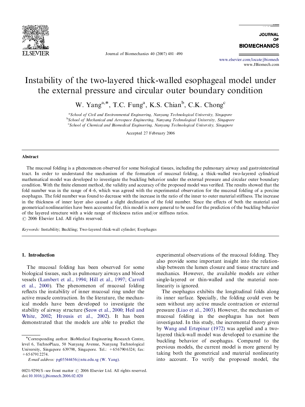 Instability of the two-layered thick-walled esophageal model under the external pressure and circular outer boundary condition