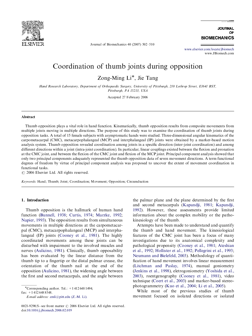 Coordination of thumb joints during opposition