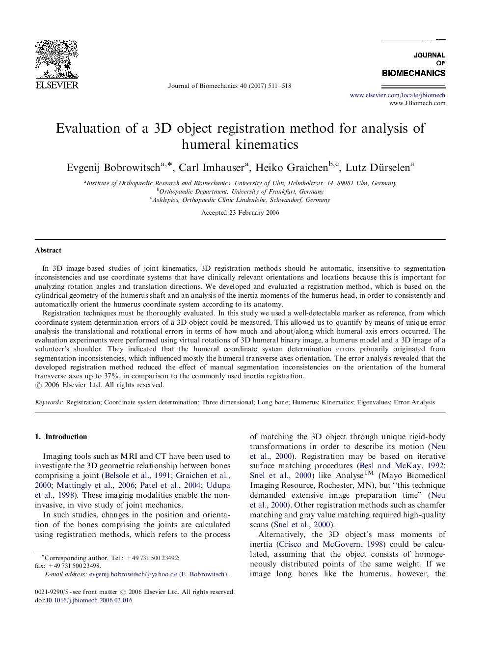 Evaluation of a 3D object registration method for analysis of humeral kinematics