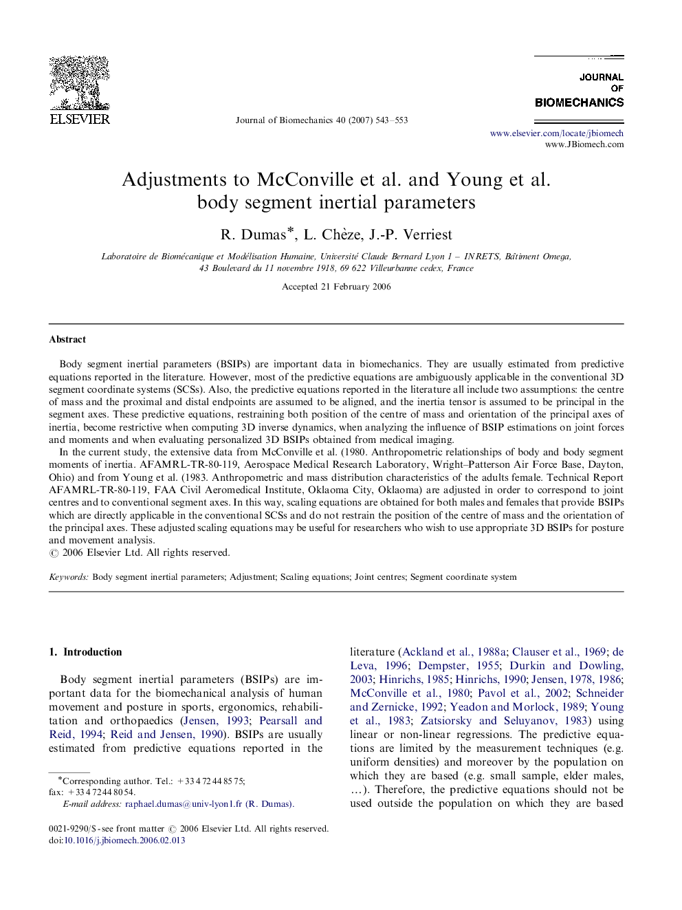 Adjustments to McConville et al. and Young et al. body segment inertial parameters