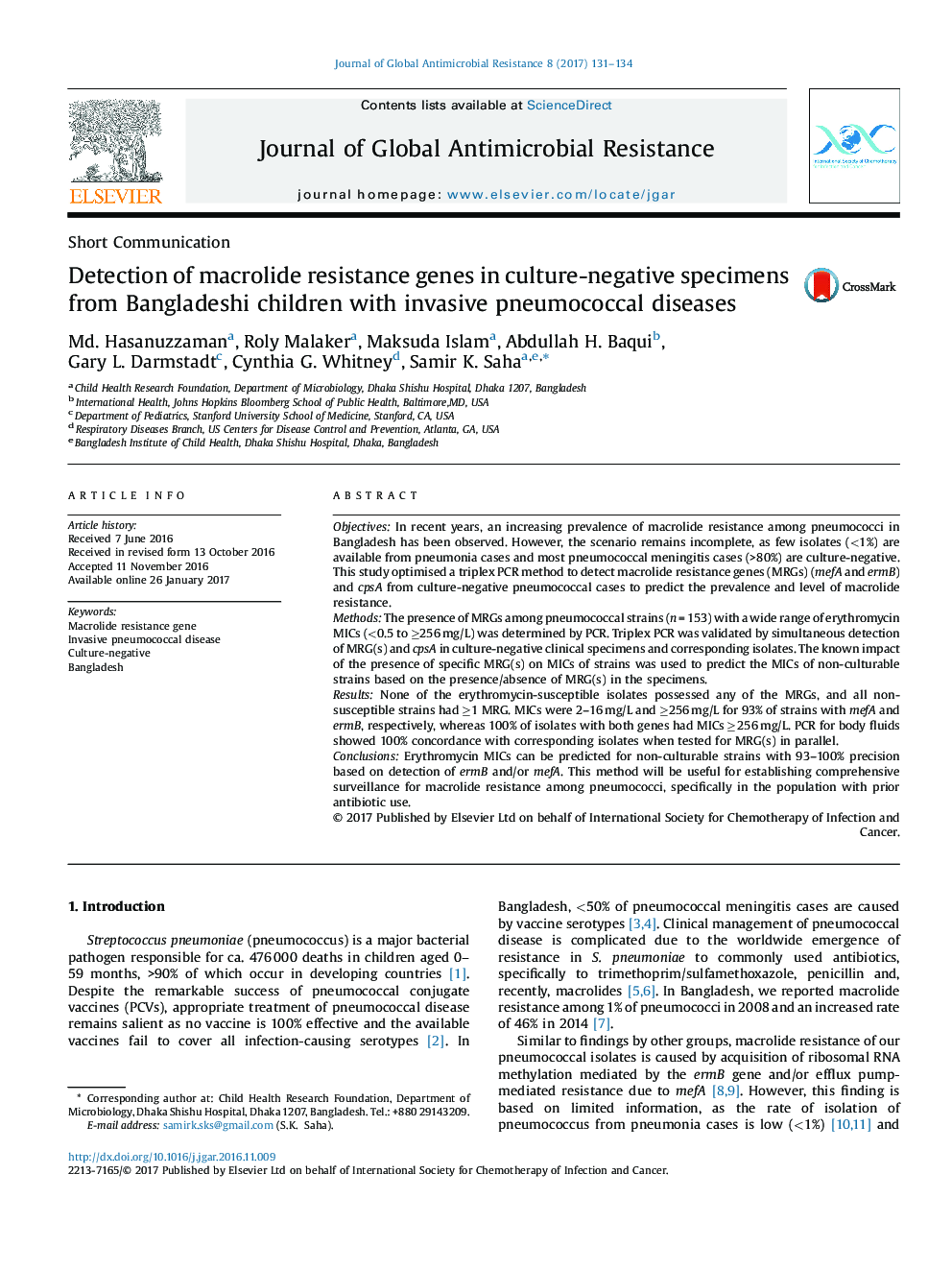 تشخیص ژن های مقاوم به ماکرولید در نمونه های منفی کشت شده از کودکان بنگلادشی با بیماری های پنوموکوک مهاجم 