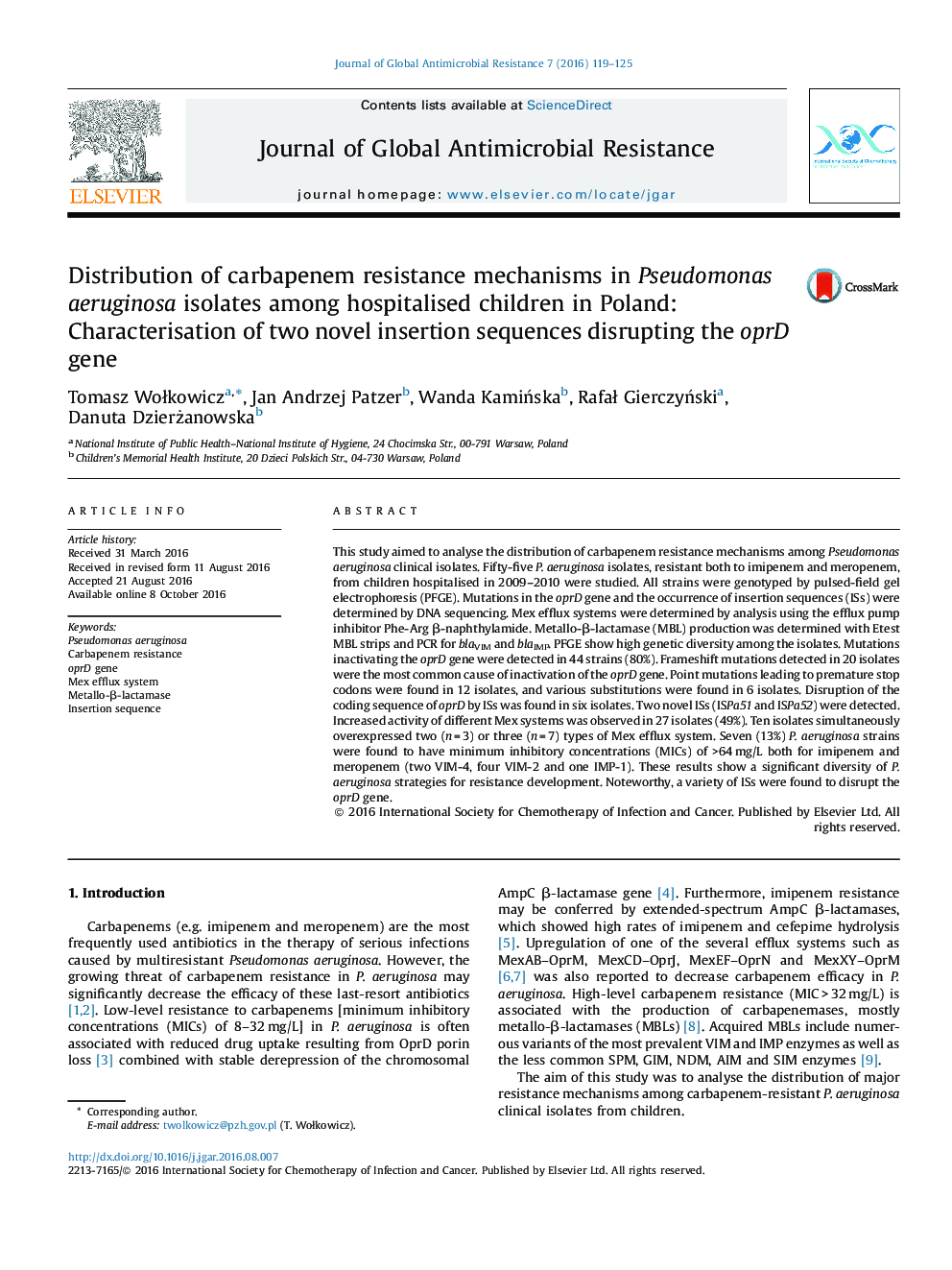 Distribution of carbapenem resistance mechanisms in Pseudomonas aeruginosa isolates among hospitalised children in Poland: Characterisation of two novel insertion sequences disrupting the oprD gene