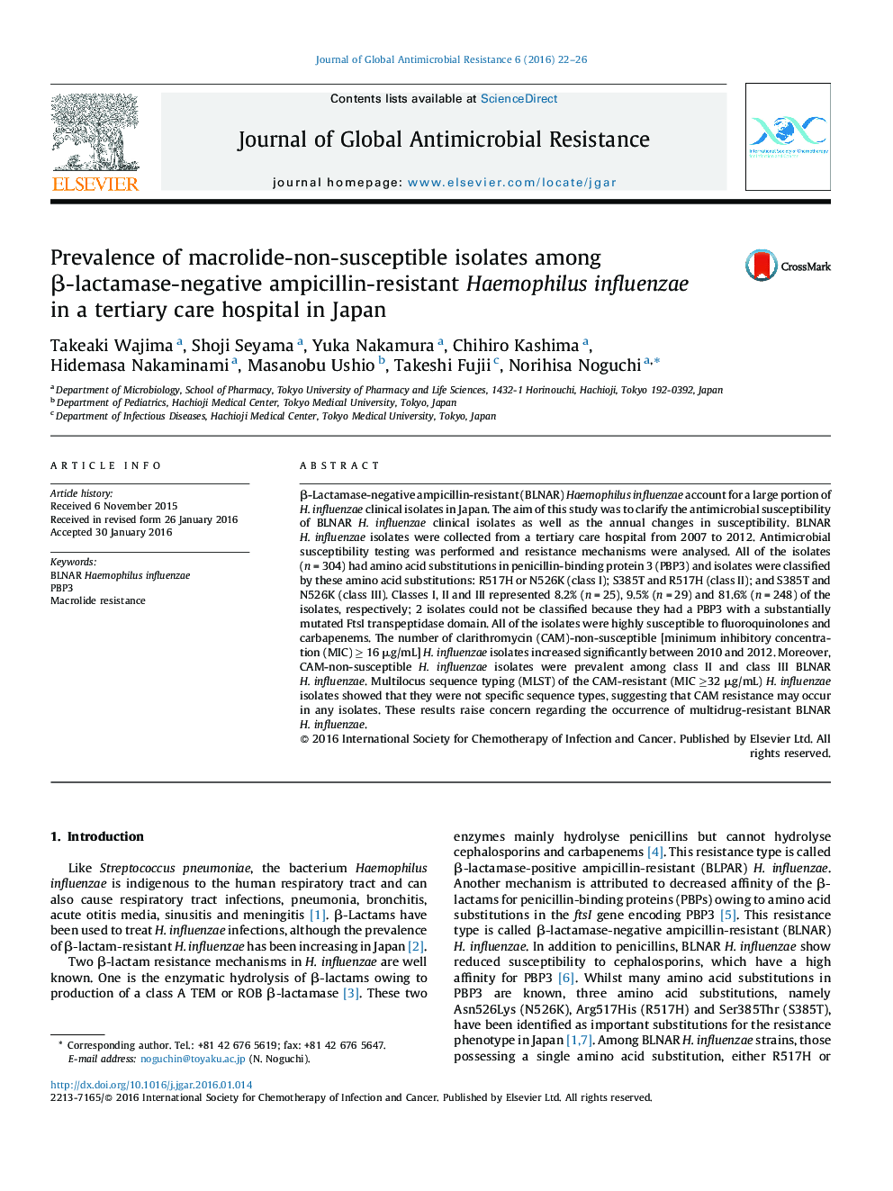 Prevalence of macrolide-non-susceptible isolates among Î²-lactamase-negative ampicillin-resistant Haemophilus influenzae in a tertiary care hospital in Japan