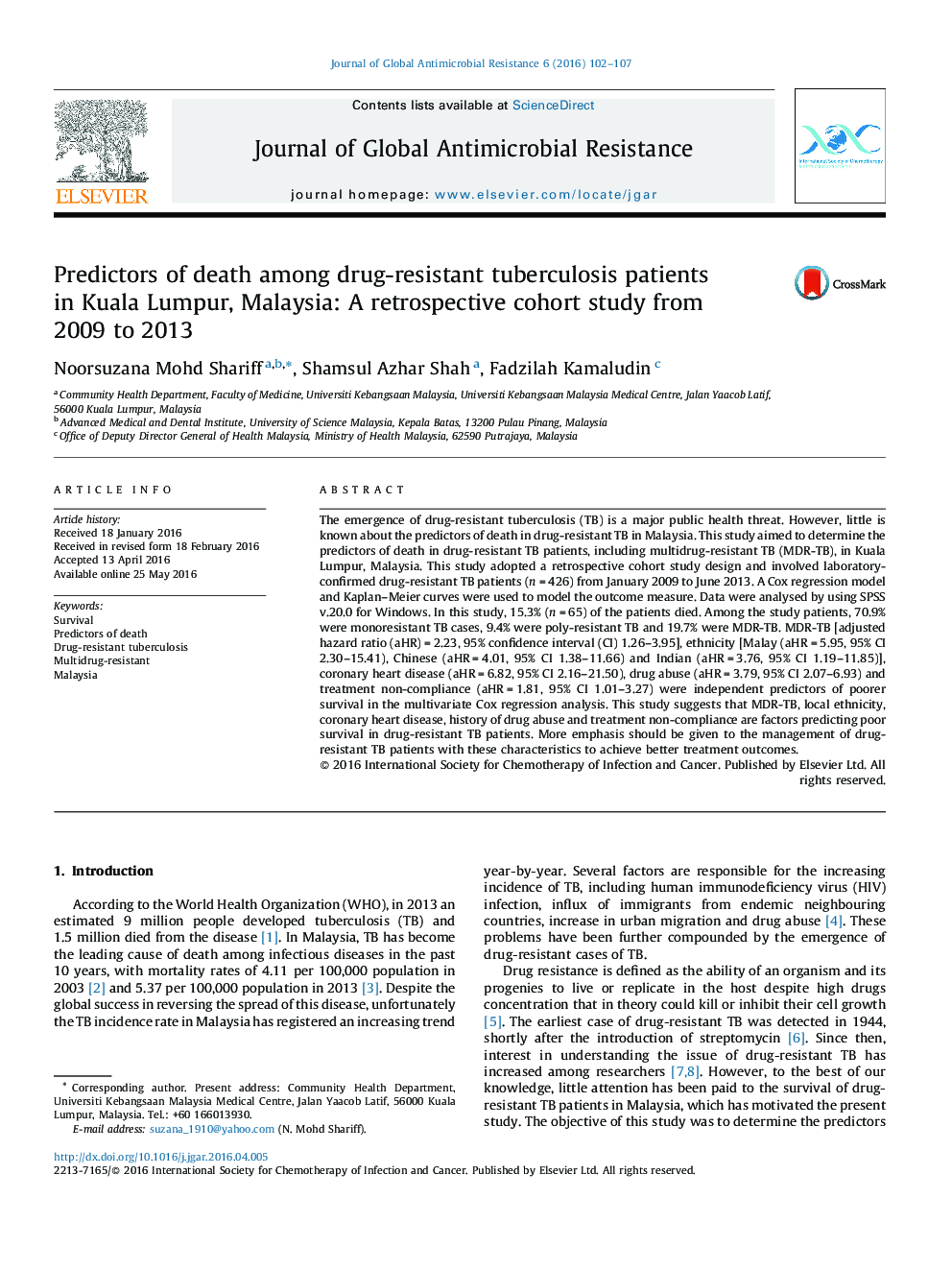 پیش بینی مرگ در بیماران مبتلا به سل مقاوم به دارو در کوالالامپور، مالزی: مطالعه کوهورت گذشته نگر از سال 2009 تا 2013 