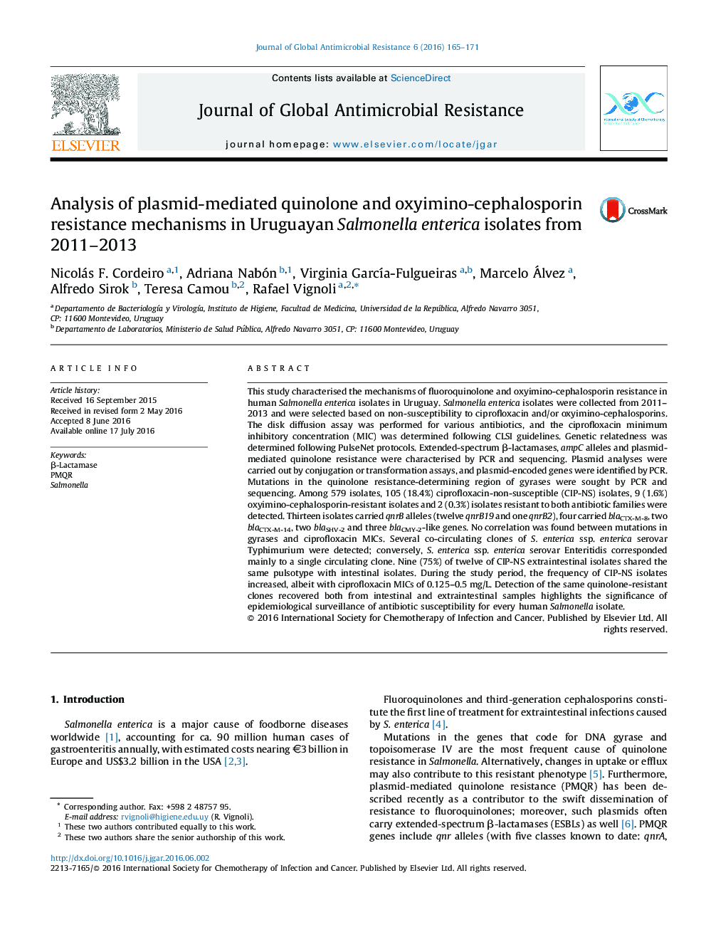 Analysis of plasmid-mediated quinolone and oxyimino-cephalosporin resistance mechanisms in Uruguayan Salmonella enterica isolates from 2011-2013