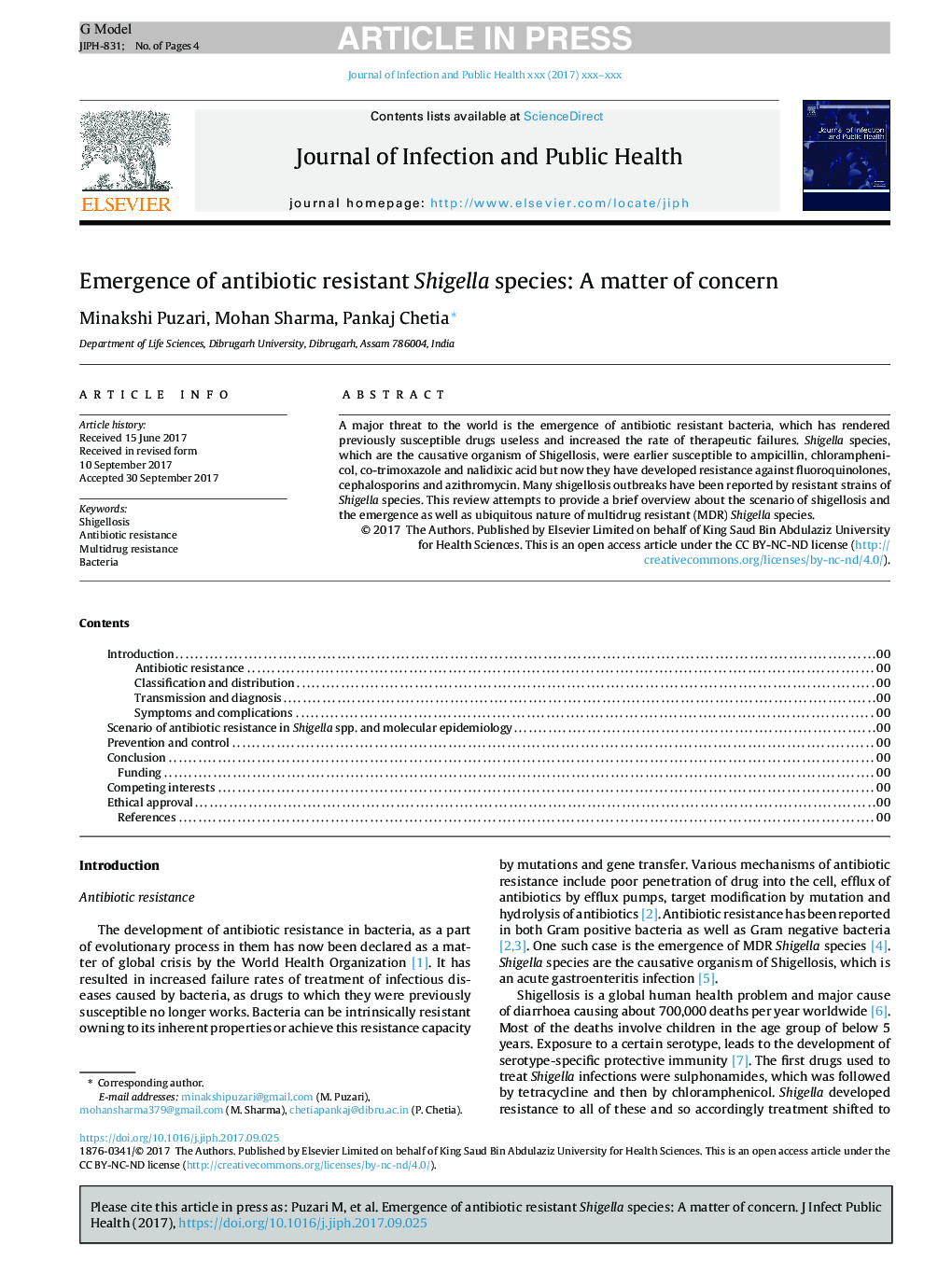 Emergence of antibiotic resistant Shigella species: A matter of concern