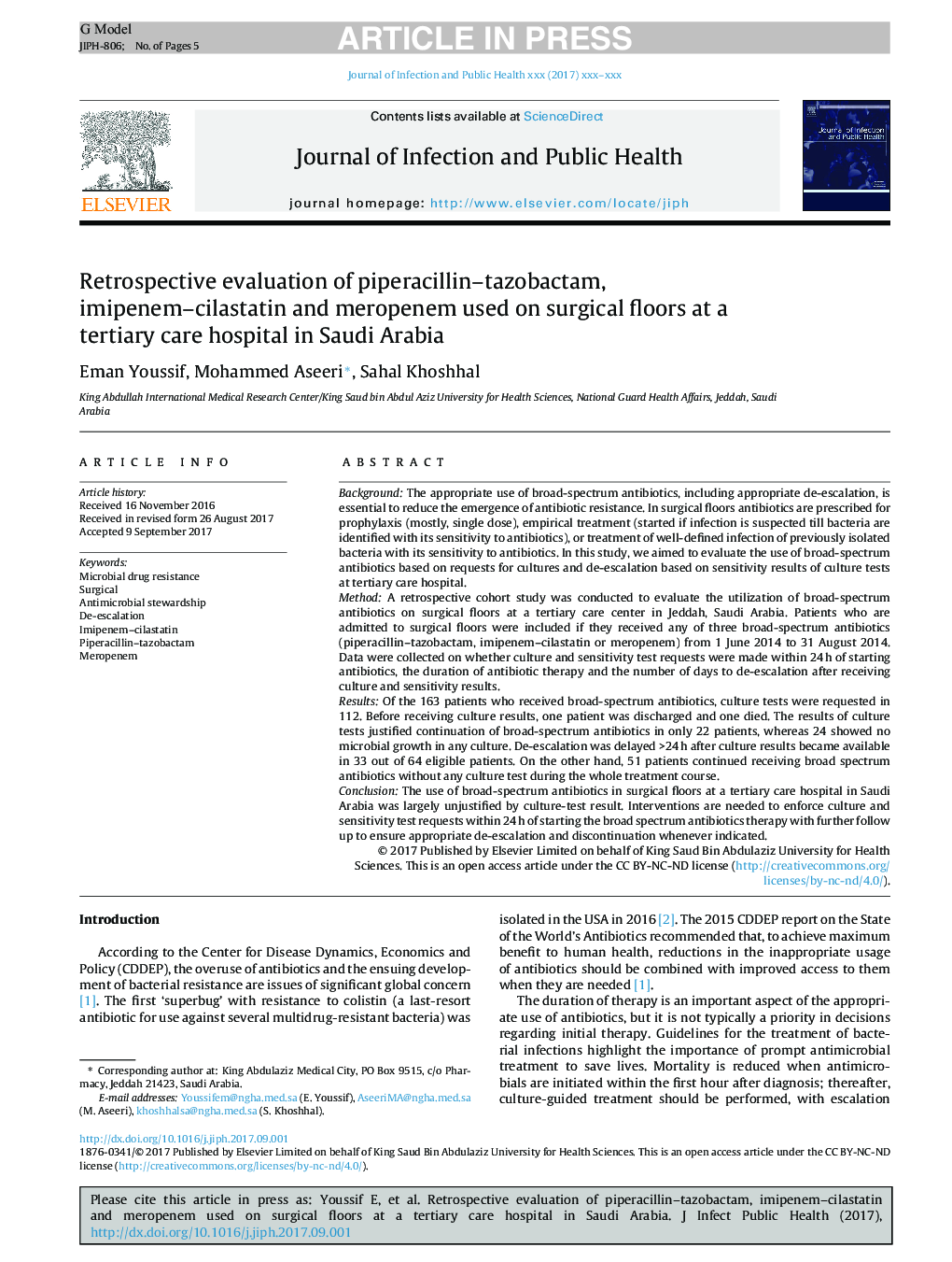 Retrospective evaluation of piperacillin-tazobactam, imipenem-cilastatin and meropenem used on surgical floors at a tertiary care hospital in Saudi Arabia