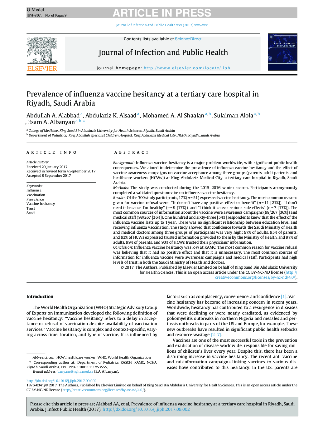 Prevalence of influenza vaccine hesitancy at a tertiary care hospital in Riyadh, Saudi Arabia