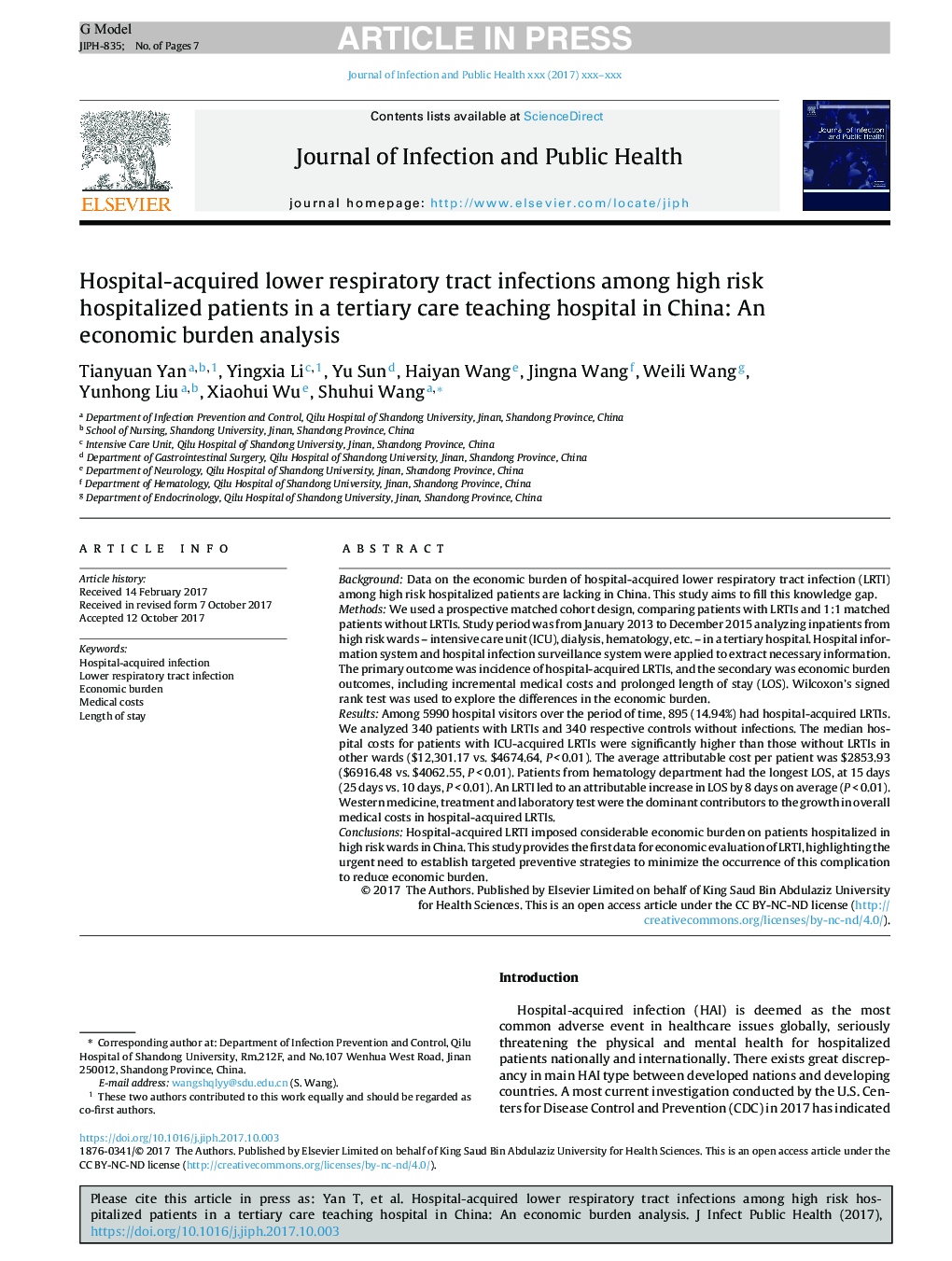 Hospital-acquired lower respiratory tract infections among high risk hospitalized patients in a tertiary care teaching hospital in China: An economic burden analysis