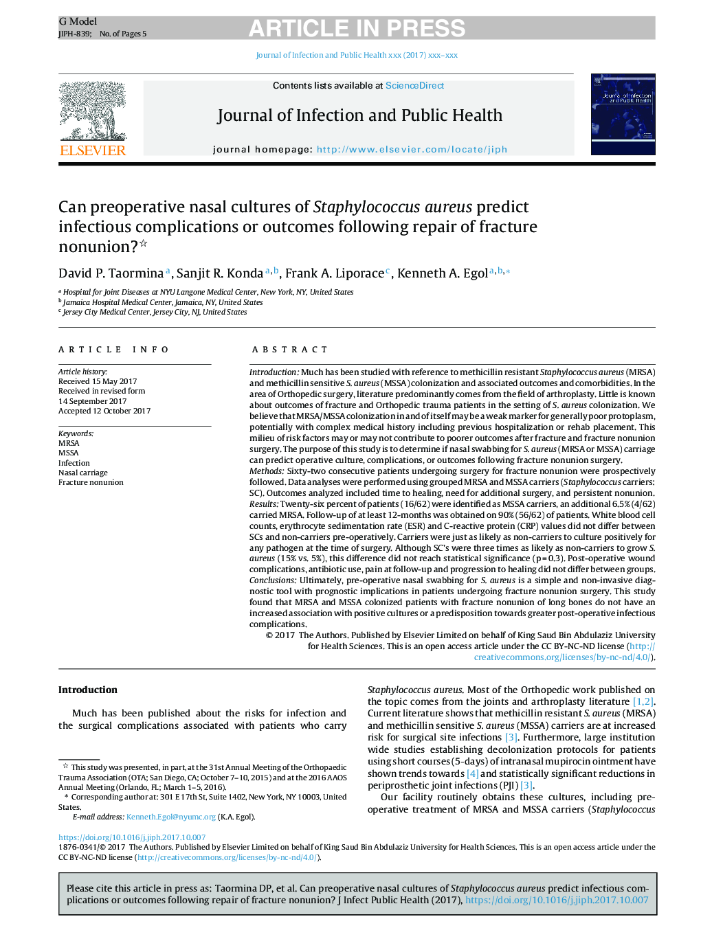 Can preoperative nasal cultures of Staphylococcus aureus predict infectious complications or outcomes following repair of fracture nonunion?