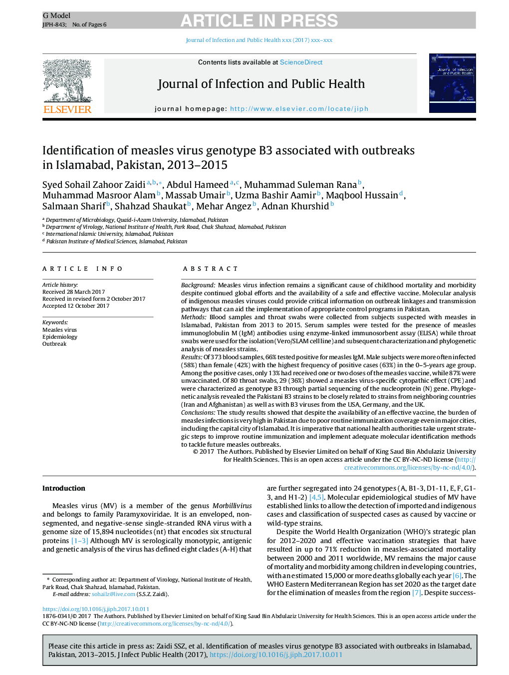 Identification of measles virus genotype B3 associated with outbreaks in Islamabad, Pakistan, 2013-2015