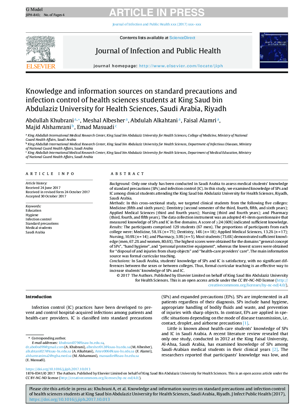 Knowledge and information sources on standard precautions and infection control of health sciences students at King Saud bin Abdulaziz University for Health Sciences, Saudi Arabia, Riyadh