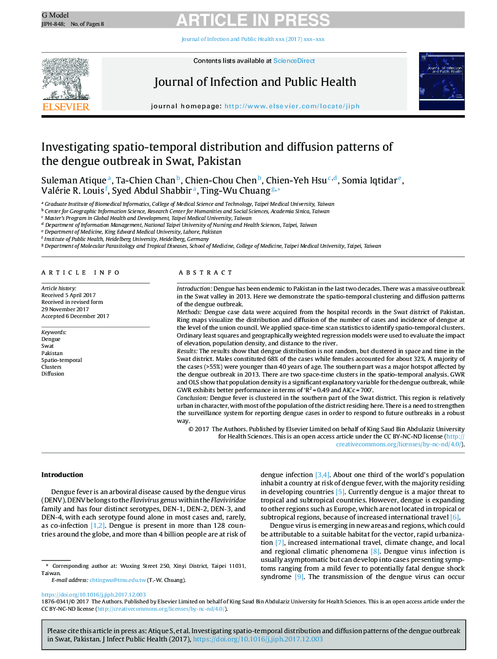 Investigating spatio-temporal distribution and diffusion patterns of the dengue outbreak in Swat, Pakistan