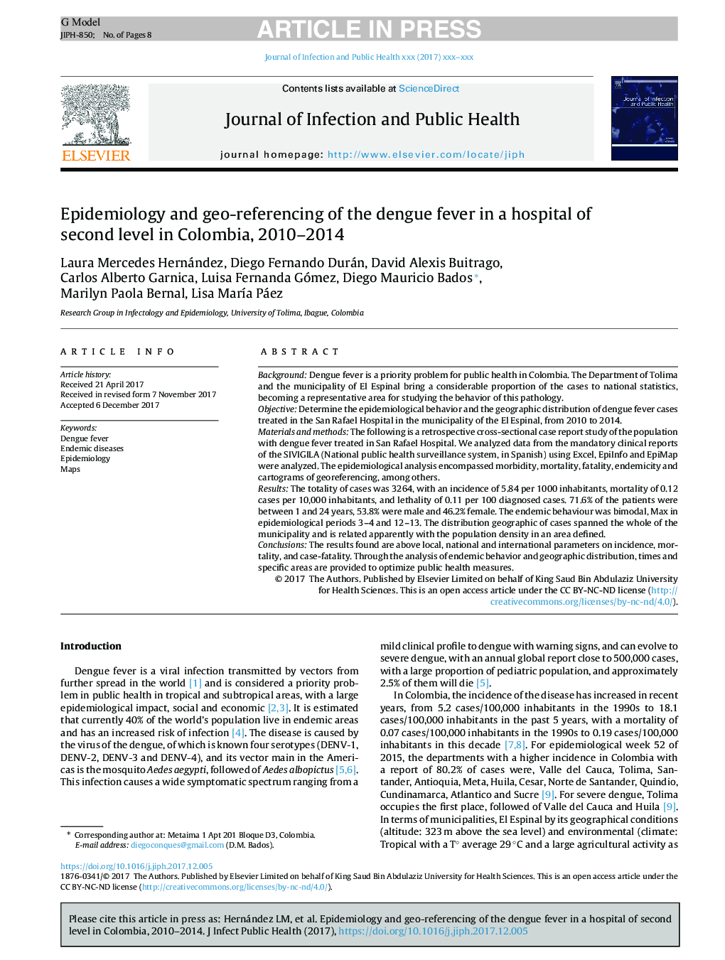 اپیدمیولوژی و ارجاع جغرافیایی تب دیوانه در بیمارستان سطح دوم کلمبیا، 2010-2014 
