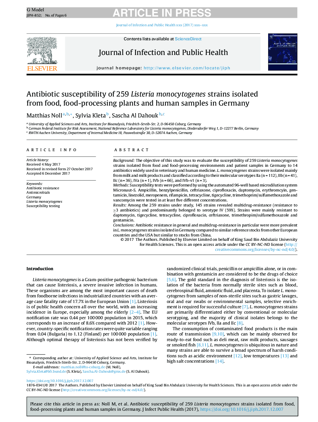 Antibiotic susceptibility of 259 Listeria monocytogenes strains isolated from food, food-processing plants and human samples in Germany