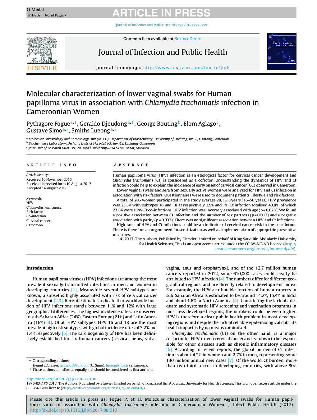 Molecular characterization of lower vaginal swabs for Human papilloma virus in association with Chlamydia trachomatis infection in Cameroonian Women