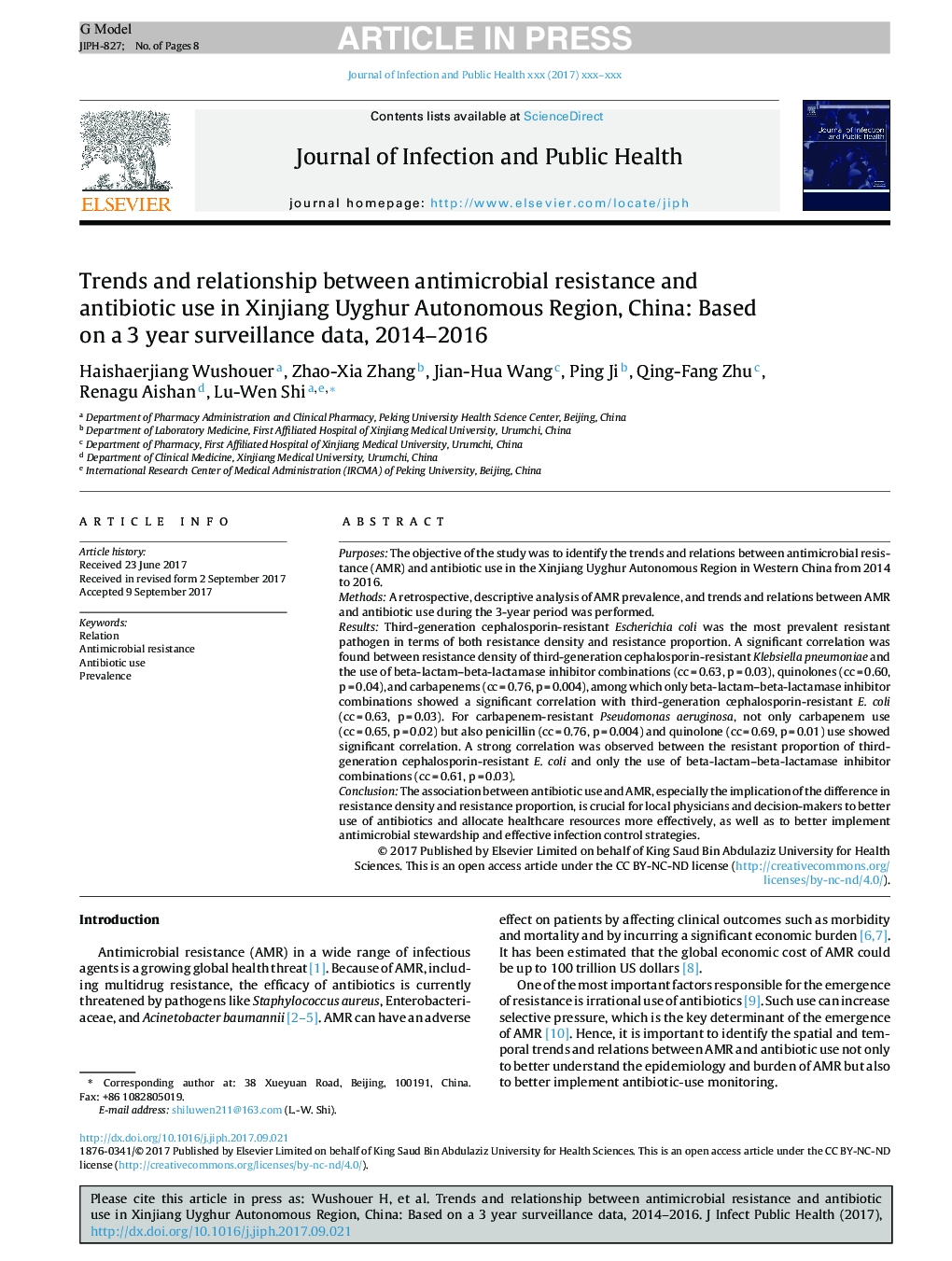 Trends and relationship between antimicrobial resistance and antibiotic use in Xinjiang Uyghur Autonomous Region, China: Based on a 3 year surveillance data, 2014-2016