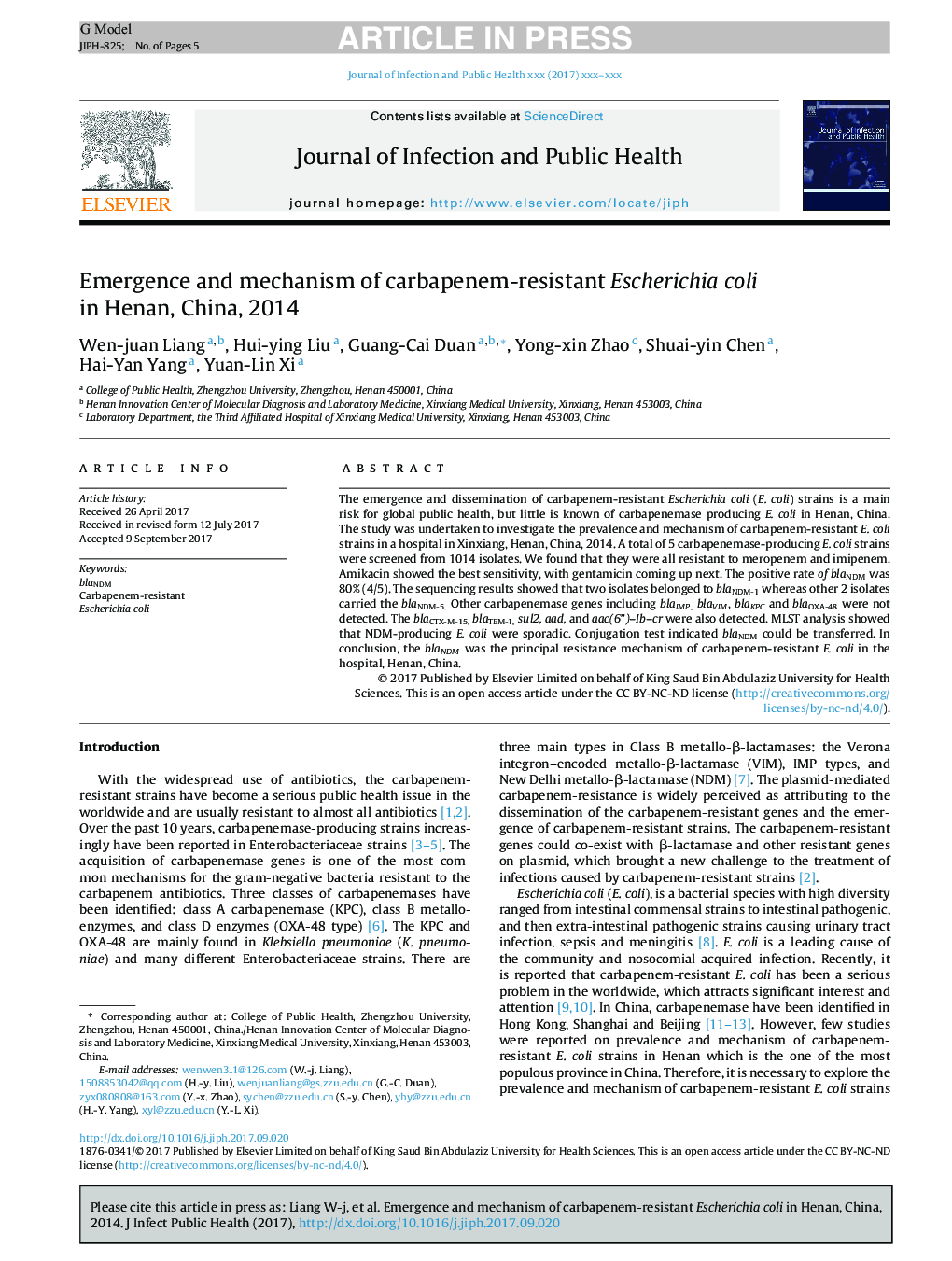 Emergence and mechanism of carbapenem-resistant Escherichia coli in Henan, China, 2014