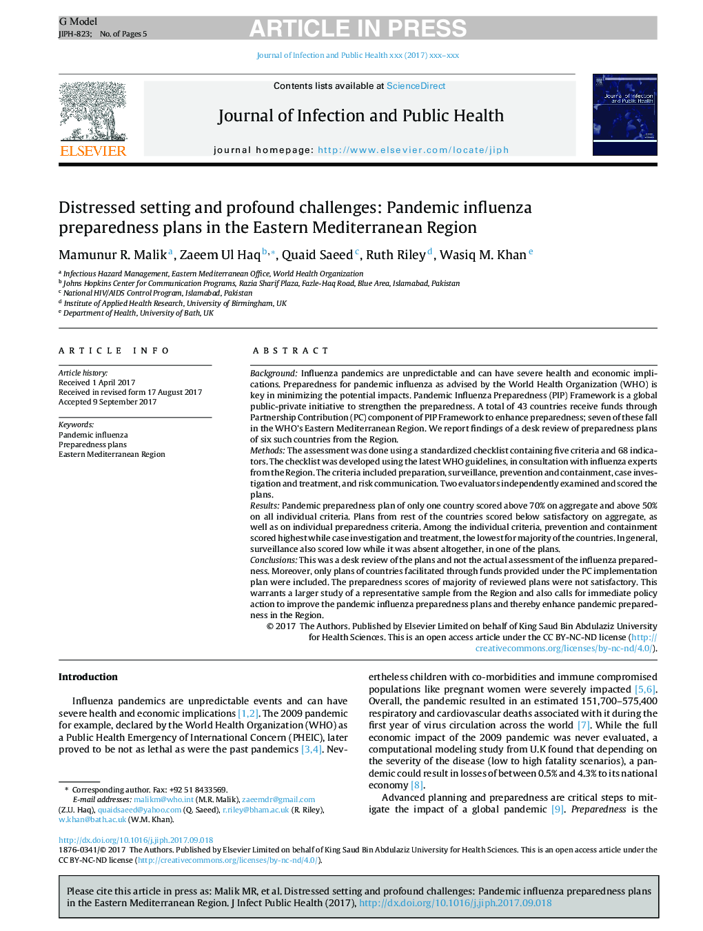 Distressed setting and profound challenges: Pandemic influenza preparedness plans in the Eastern Mediterranean Region