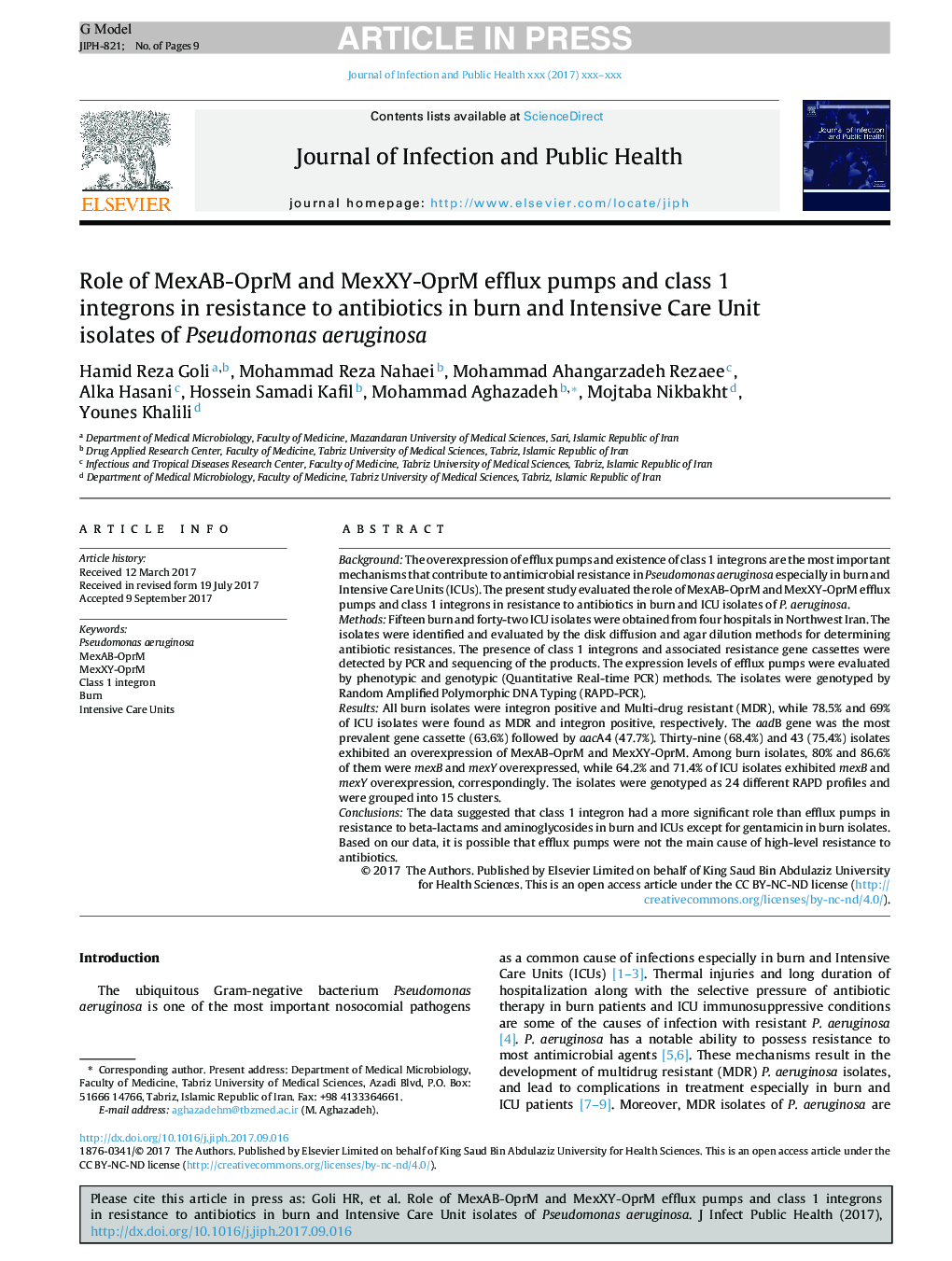 Role of MexAB-OprM and MexXY-OprM efflux pumps and class 1 integrons in resistance to antibiotics in burn and Intensive Care Unit isolates of Pseudomonas aeruginosa