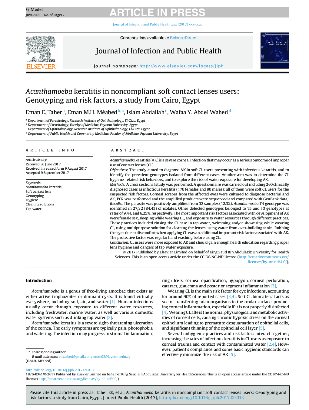 Acanthamoeba keratitis in noncompliant soft contact lenses users: Genotyping and risk factors, a study from Cairo, Egypt