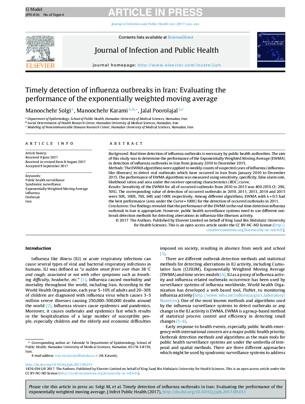 Timely detection of influenza outbreaks in Iran: Evaluating the performance of the exponentially weighted moving average