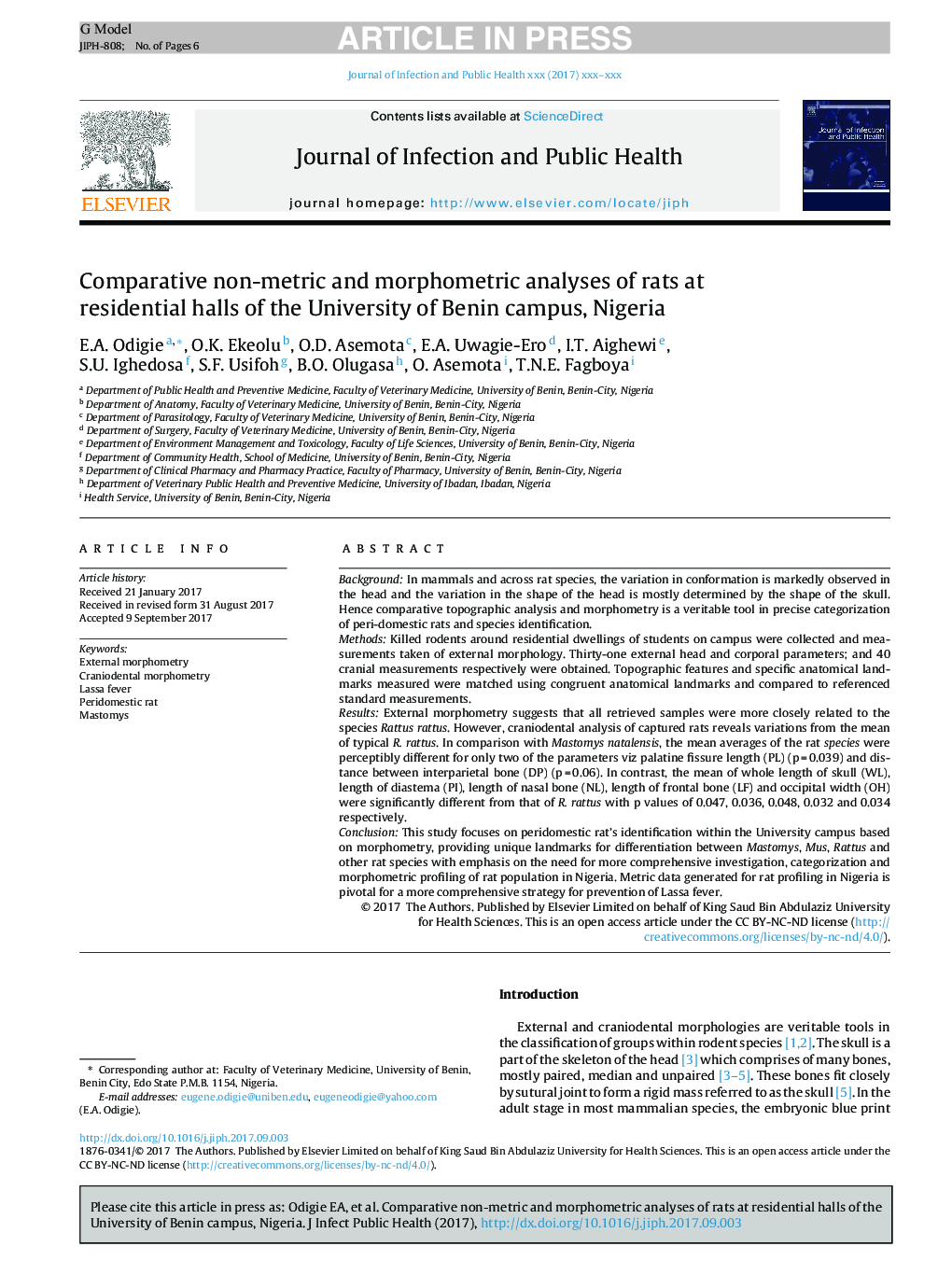 Comparative non-metric and morphometric analyses of rats at residential halls of the University of Benin campus, Nigeria