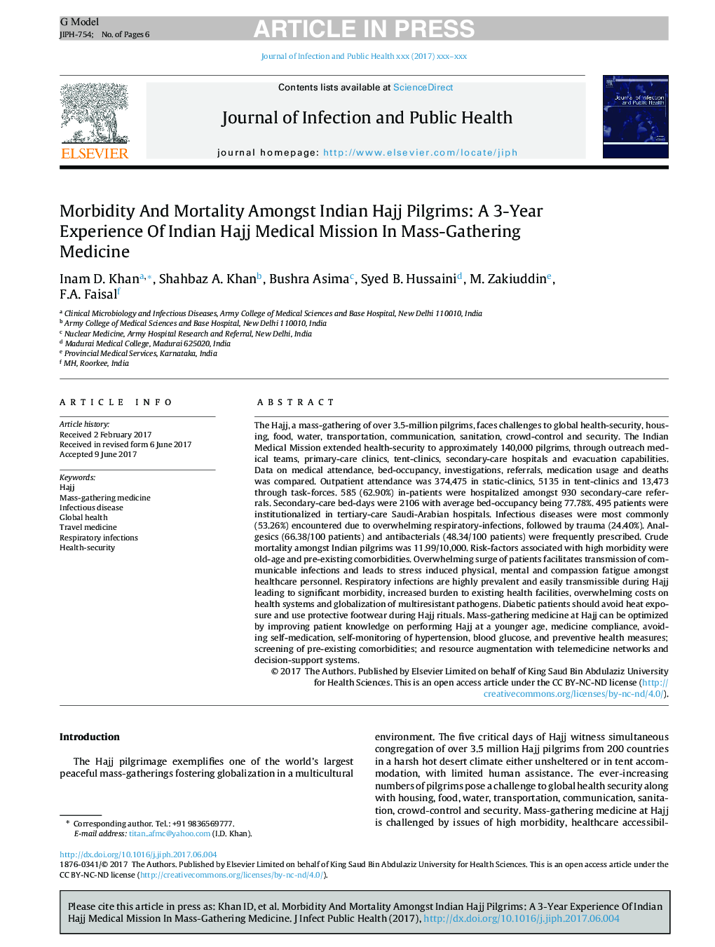 Morbidity and mortality amongst Indian Hajj pilgrims: A 3-year experience of Indian Hajj medical mission in mass-gathering medicine