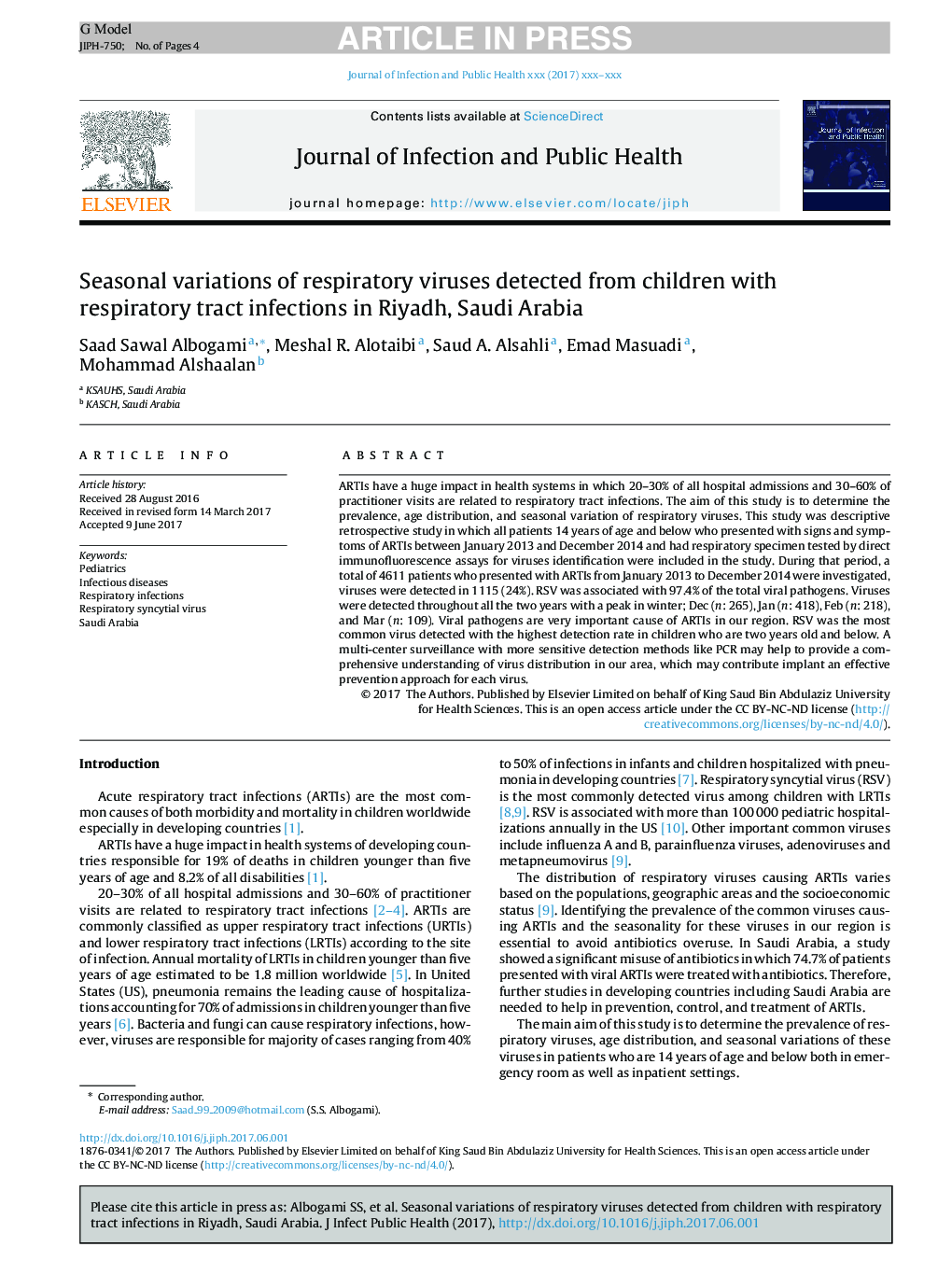 Seasonal variations of respiratory viruses detected from children with respiratory tract infections in Riyadh, Saudi Arabia