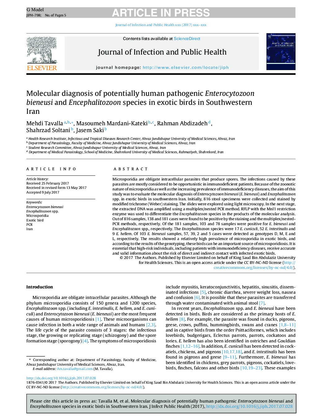 Molecular diagnosis of potentially human pathogenic Enterocytozoon bieneusi and Encephalitozoon species in exotic birds in Southwestern Iran