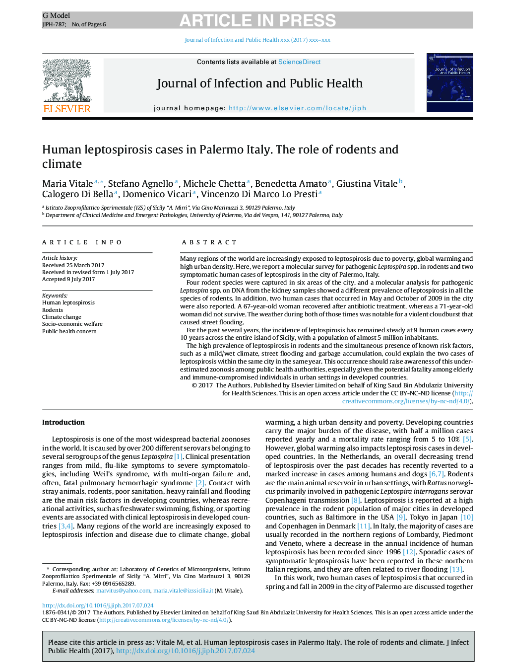 Human leptospirosis cases in Palermo Italy. The role of rodents and climate