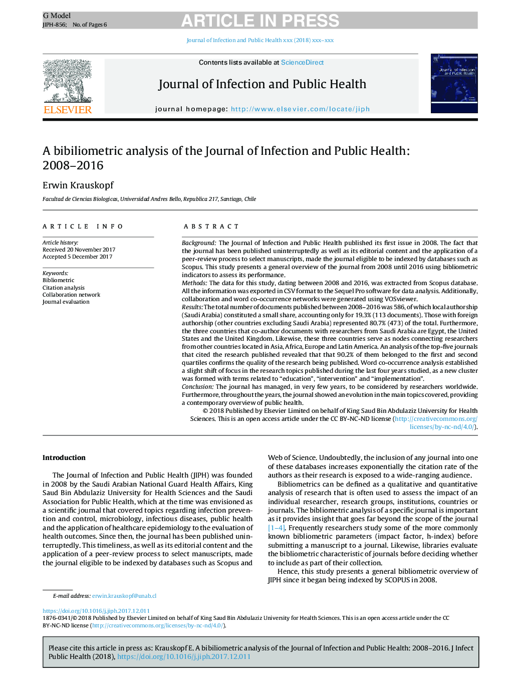 A bibiliometric analysis of the Journal of Infection and Public Health: 2008-2016