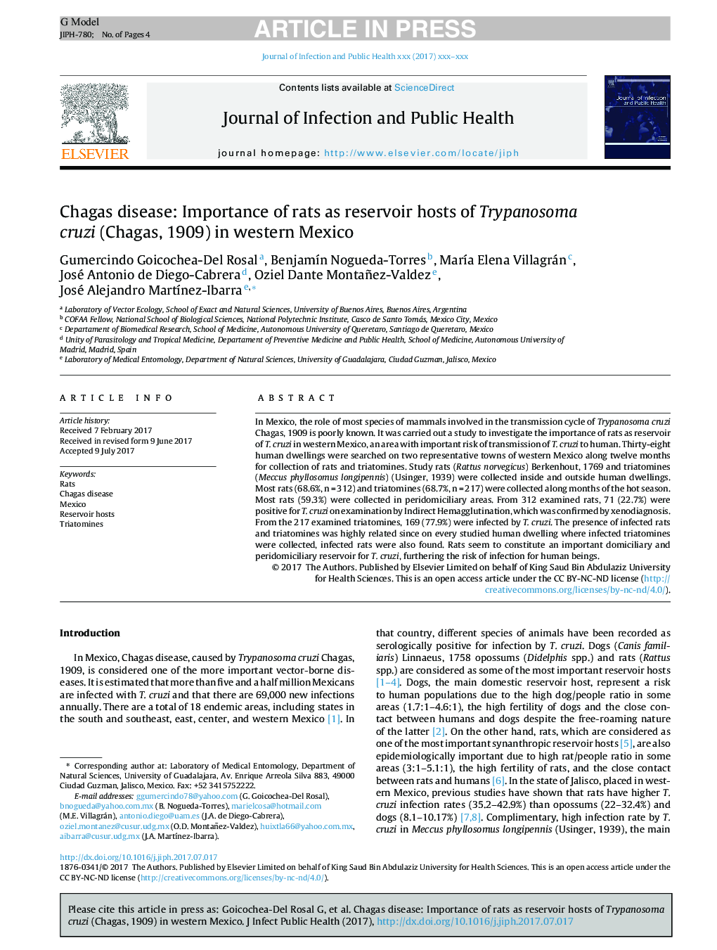 Chagas disease: Importance of rats as reservoir hosts of Trypanosoma cruzi (Chagas, 1909) in western Mexico