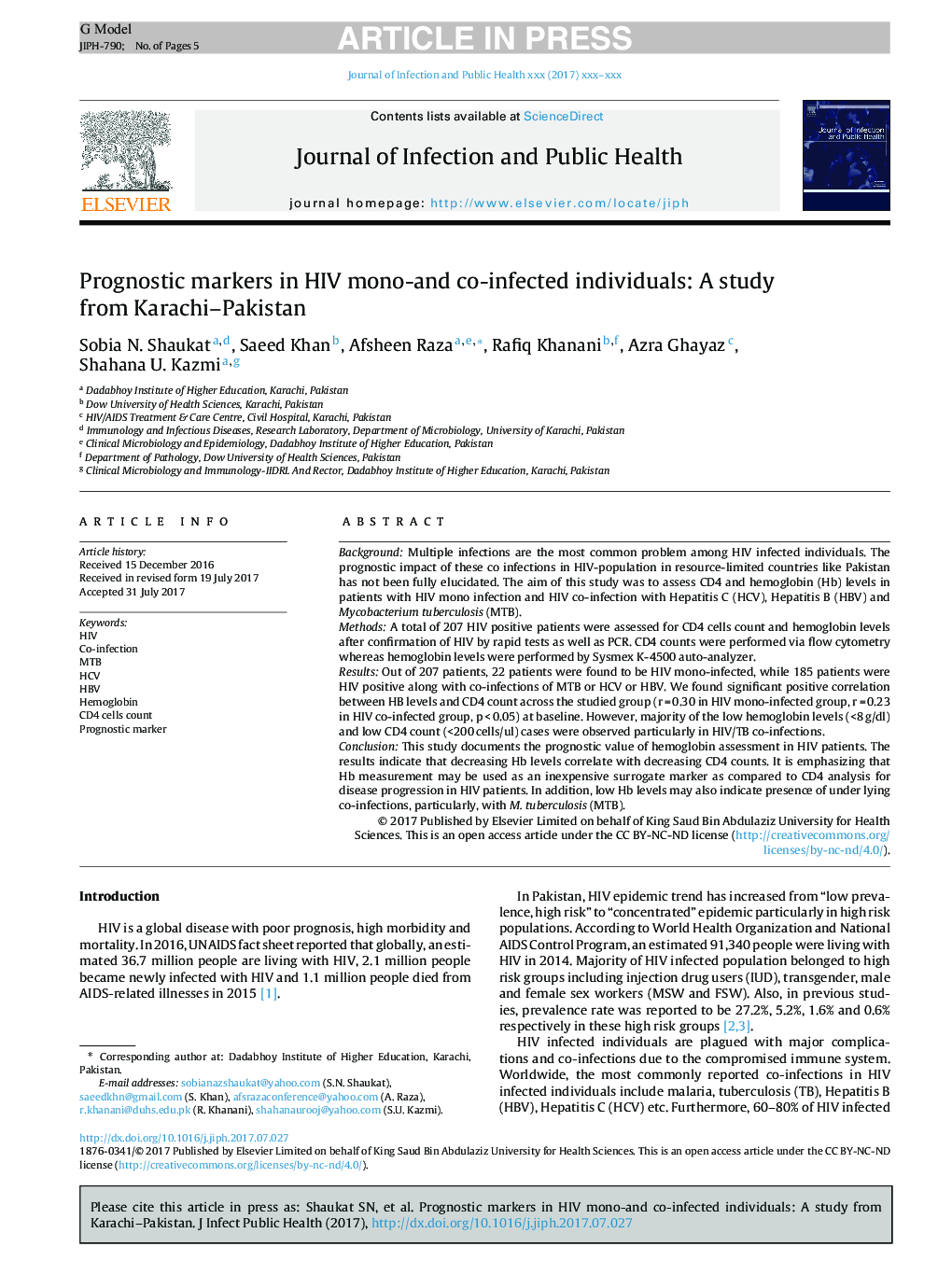 Prognostic markers in HIV mono-and co-infected individuals: A study from Karachi-Pakistan