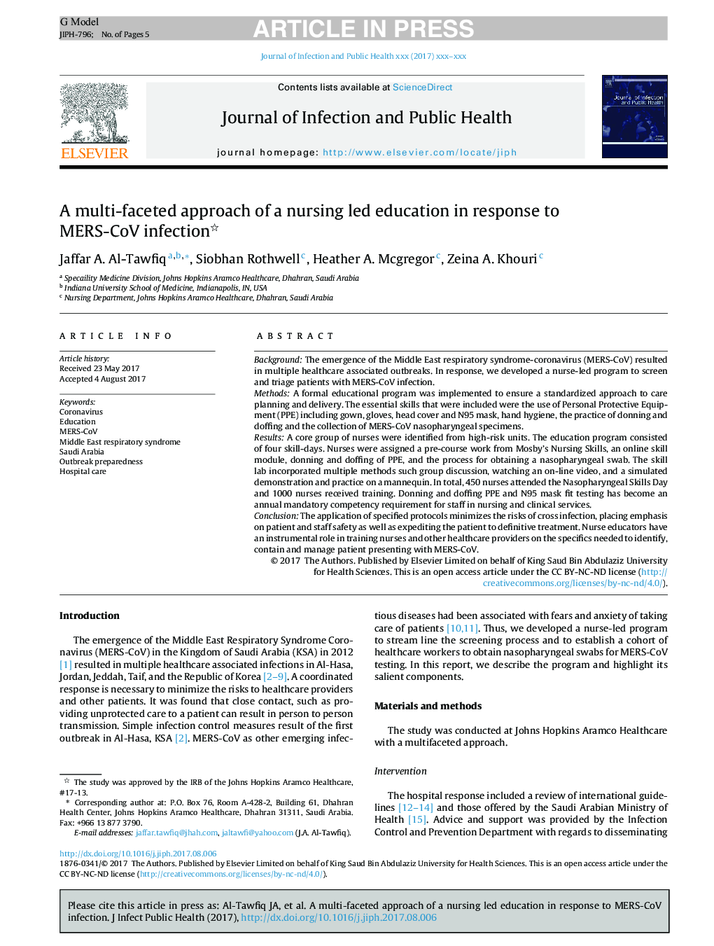 A multi-faceted approach of a nursing led education in response to MERS-CoV infection