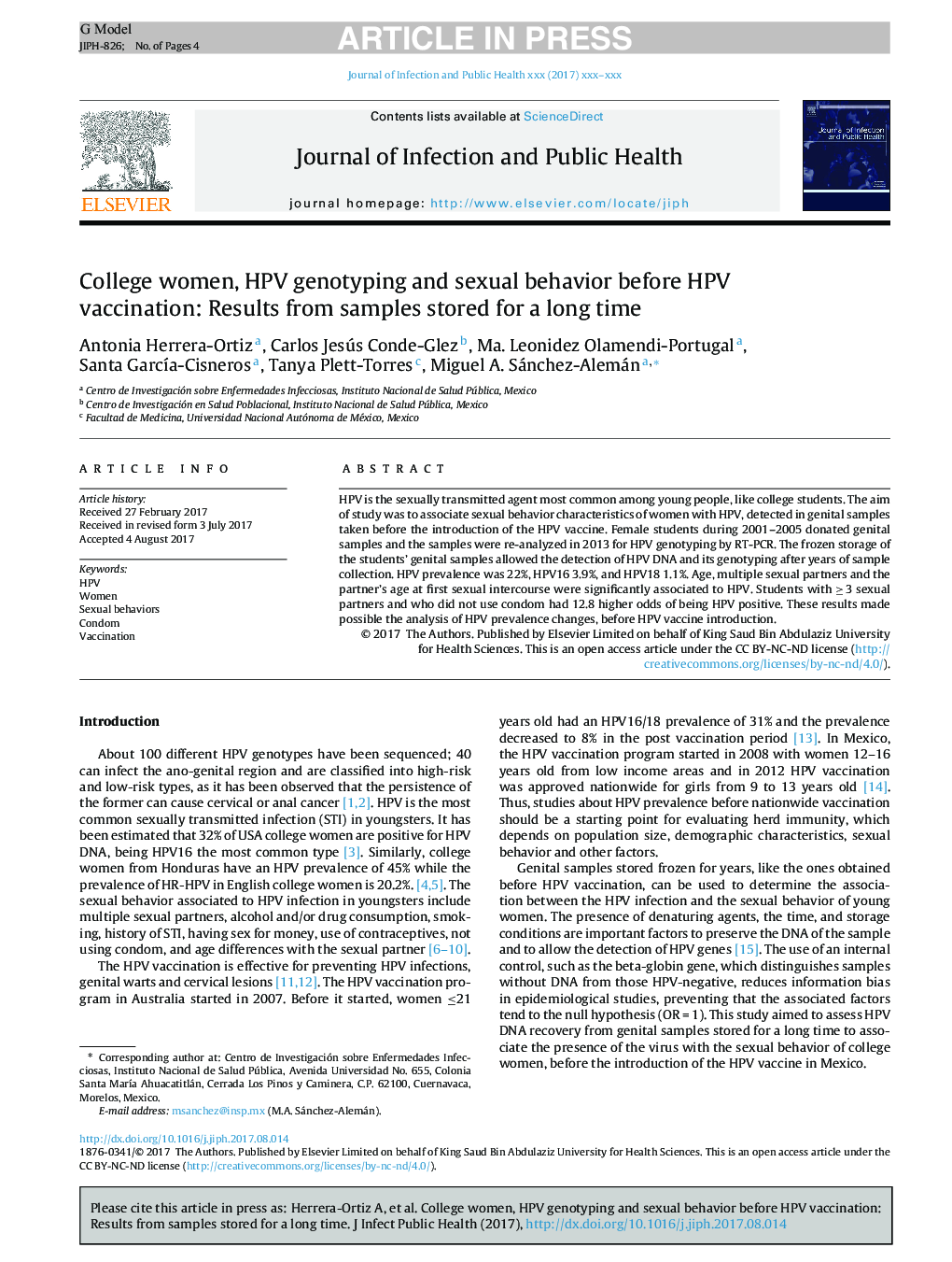 College women, HPV genotyping and sexual behavior before HPV vaccination: Results from samples stored for a long time