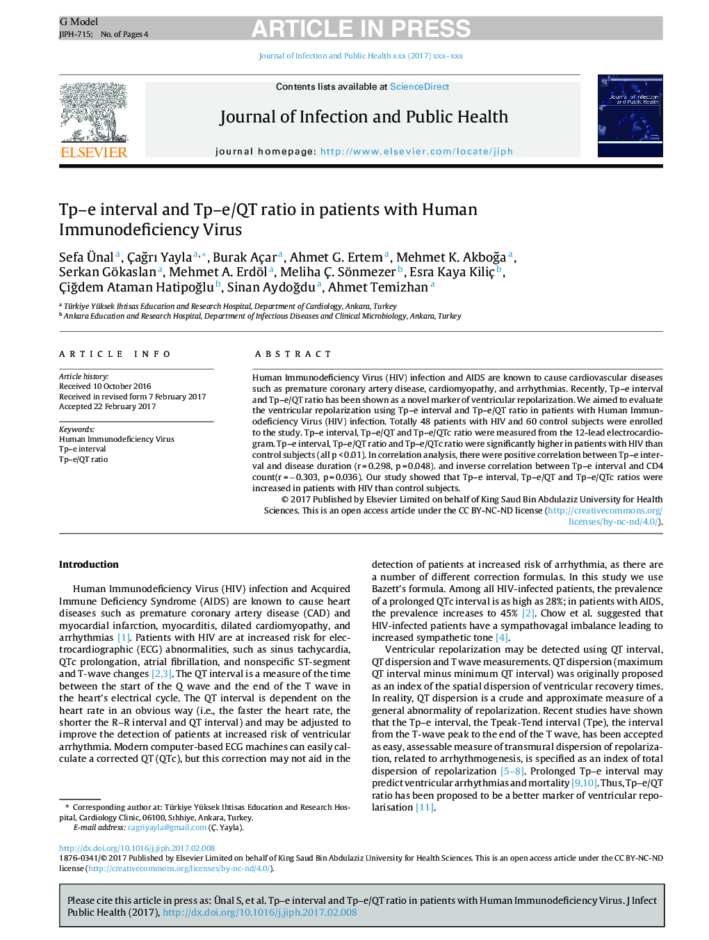 Tp-e interval and Tp-e/QT ratio in patients with Human Immunodeficiency Virus