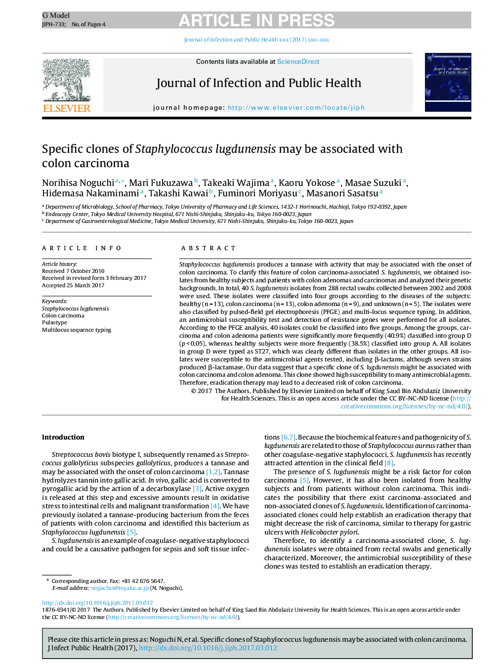 Specific clones of Staphylococcus lugdunensis may be associated with colon carcinoma