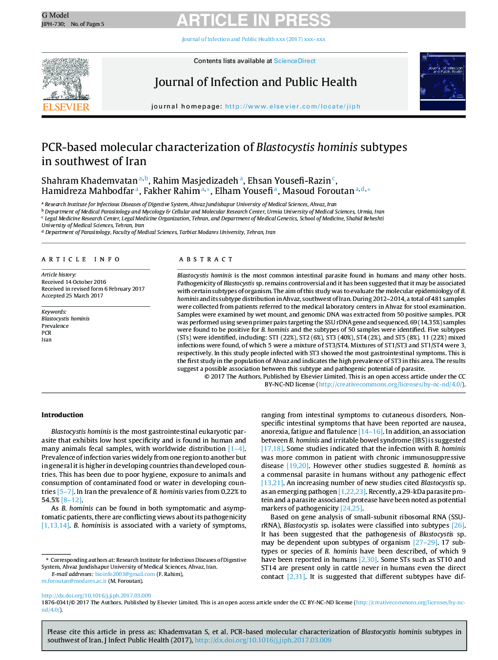 PCR-based molecular characterization of Blastocystis hominis subtypes in southwest of Iran