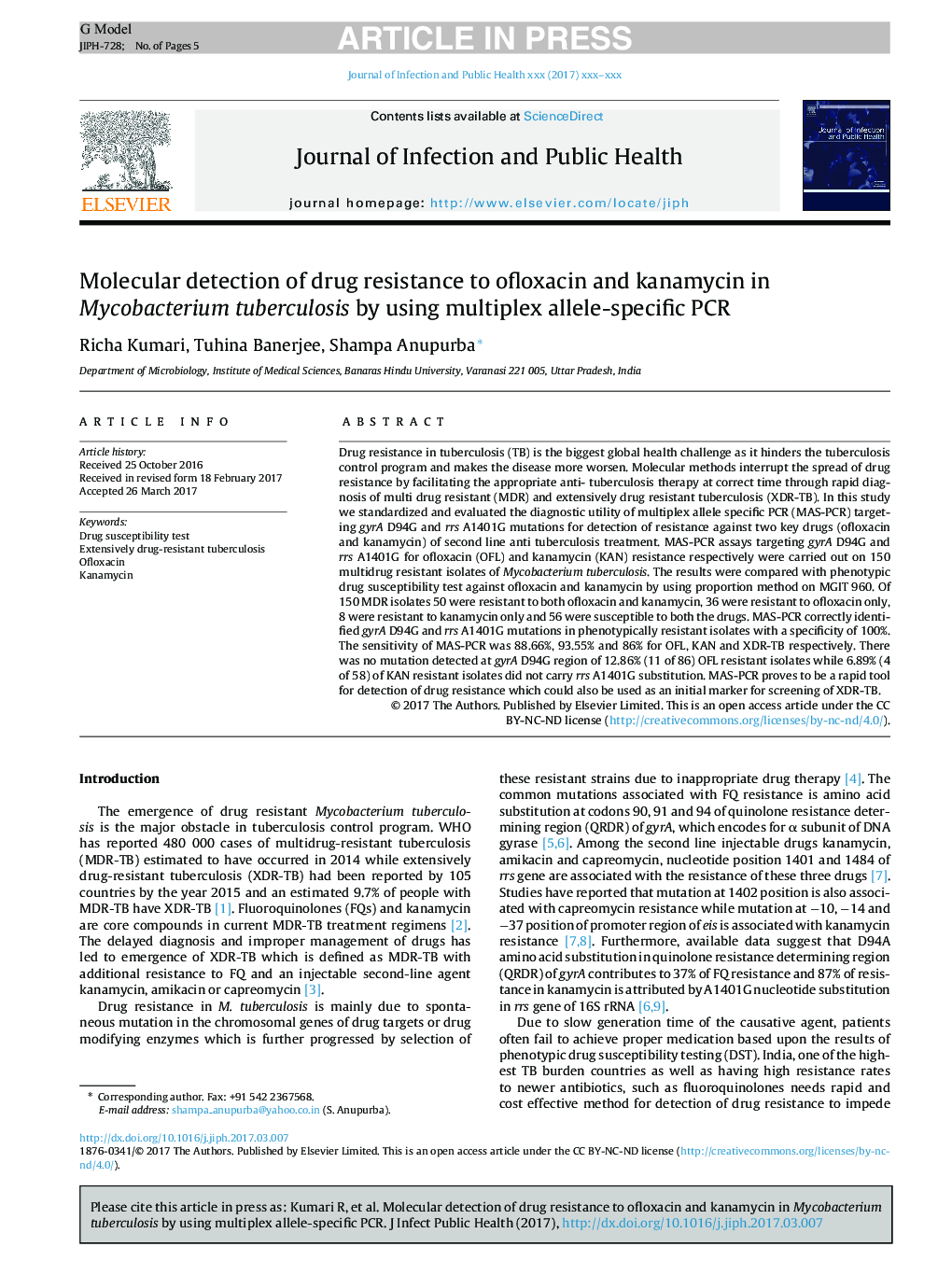 Molecular detection of drug resistance to ofloxacin and kanamycin in Mycobacterium tuberculosis by using multiplex allele-specific PCR