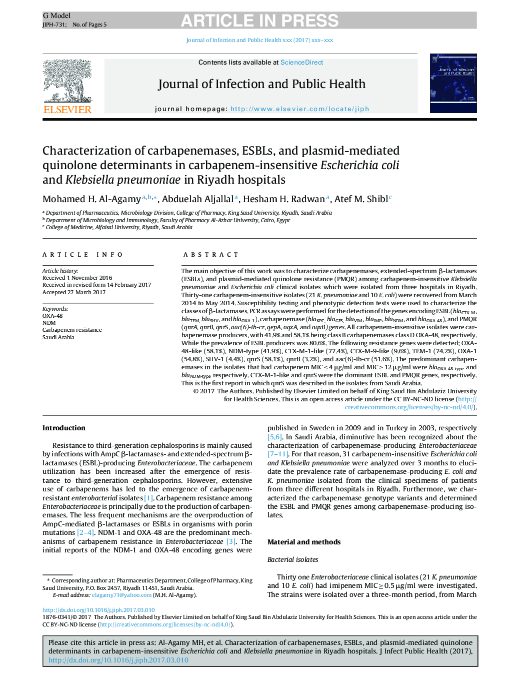 Characterization of carbapenemases, ESBLs, and plasmid-mediated quinolone determinants in carbapenem-insensitive Escherichia coli and Klebsiella pneumoniae in Riyadh hospitals