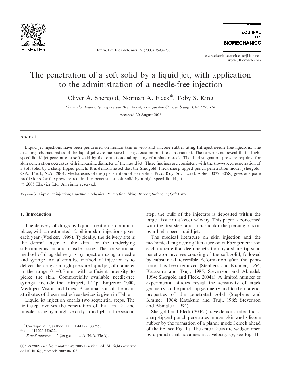 The penetration of a soft solid by a liquid jet, with application to the administration of a needle-free injection