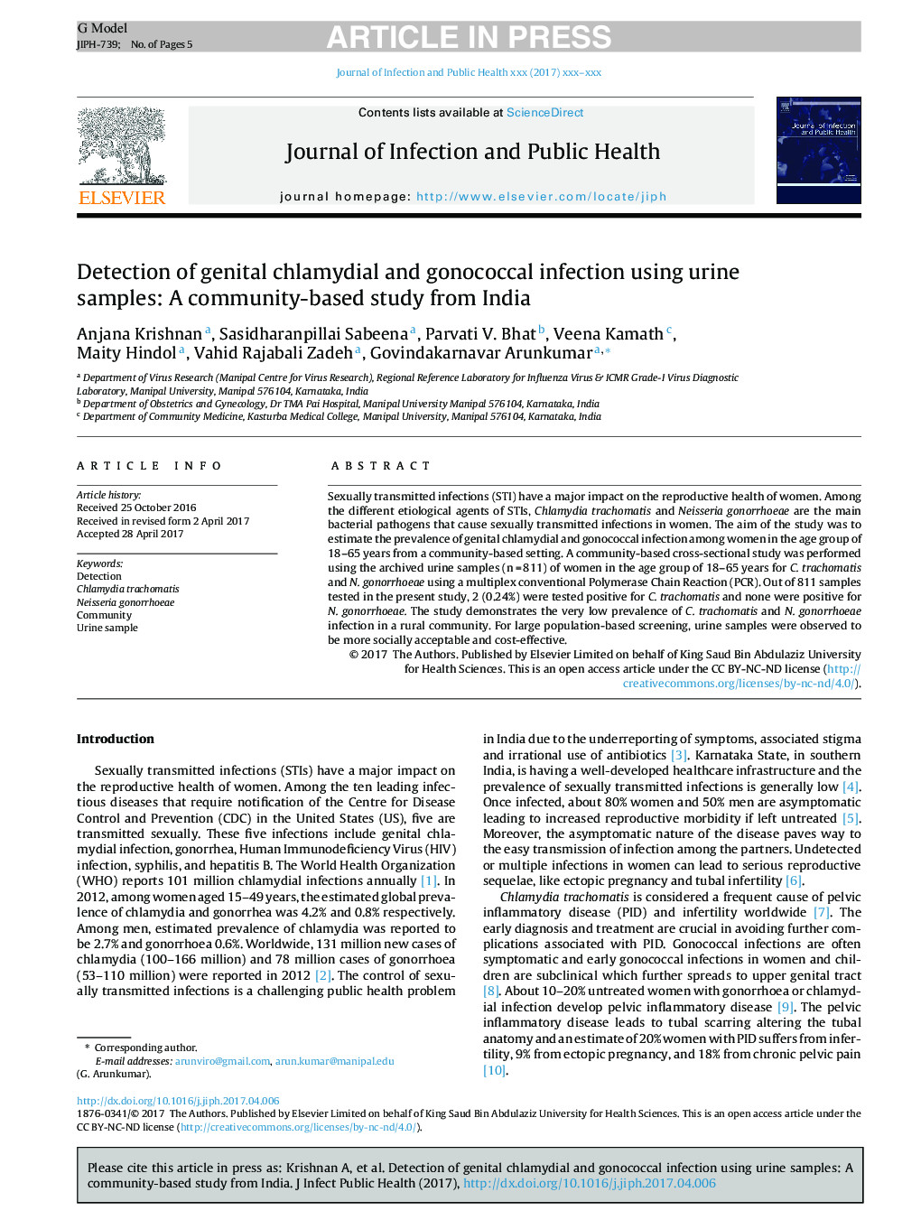 Detection of genital chlamydial and gonococcal infection using urine samples: A community-based study from India