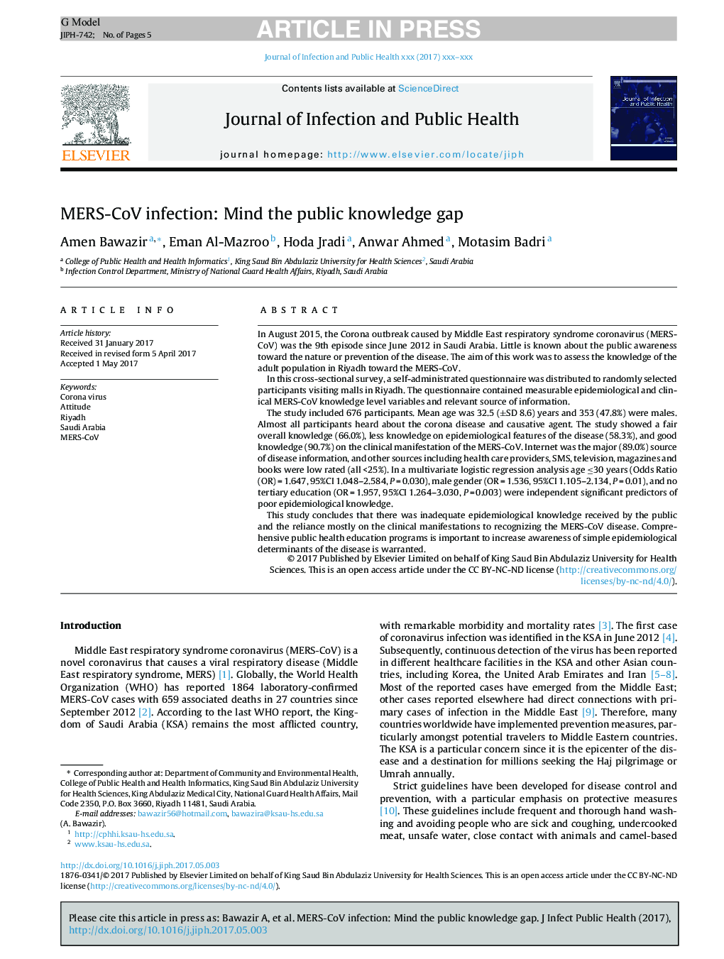 MERS-CoV infection: Mind the public knowledge gap