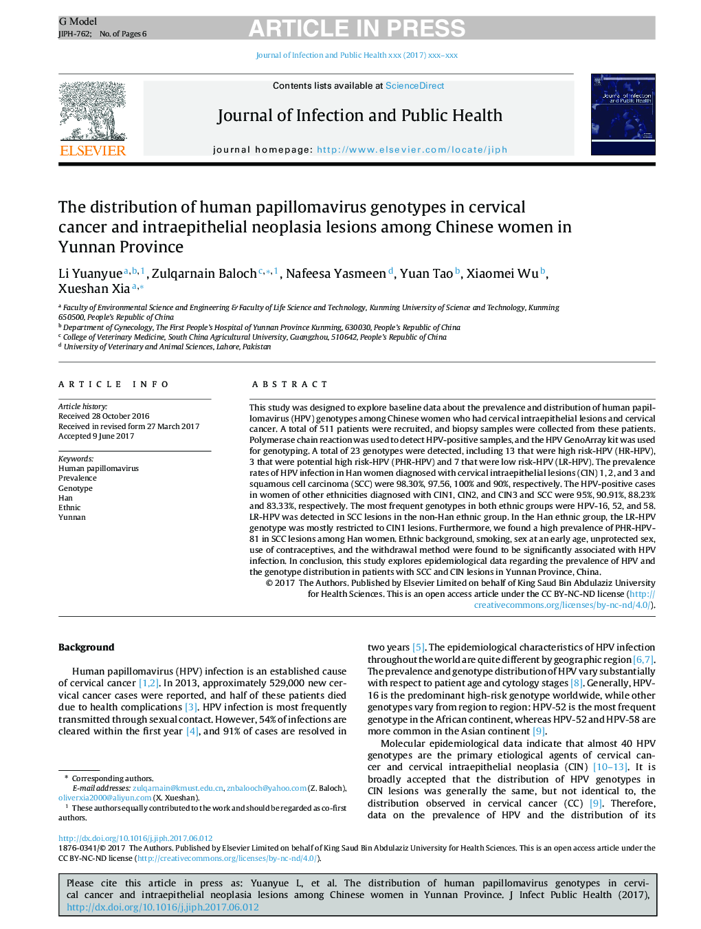 The distribution of human papillomavirus genotypes in cervical cancer and intraepithelial neoplasia lesions among Chinese women in Yunnan Province