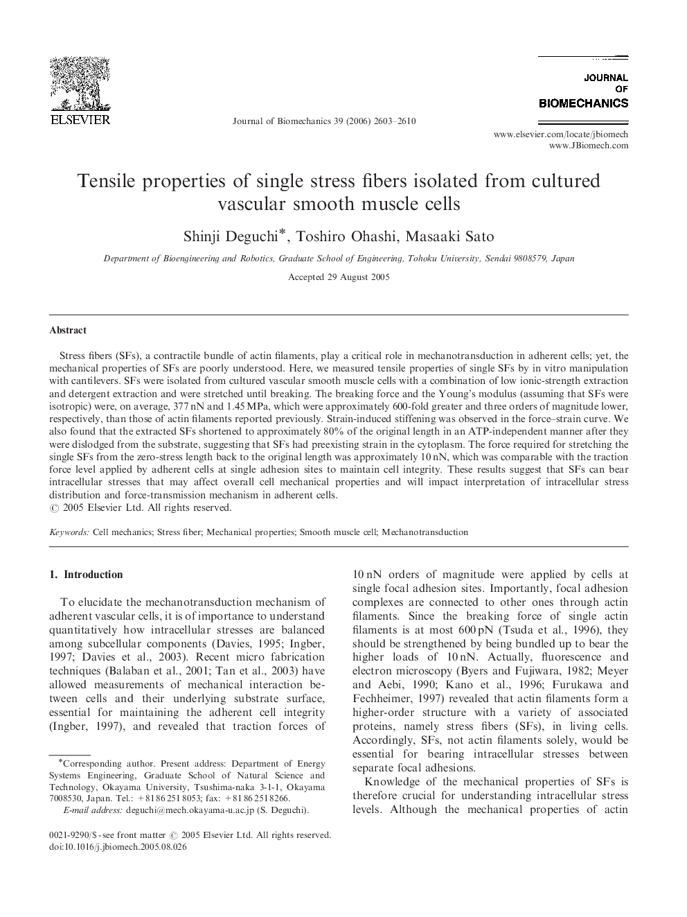 Tensile properties of single stress fibers isolated from cultured vascular smooth muscle cells