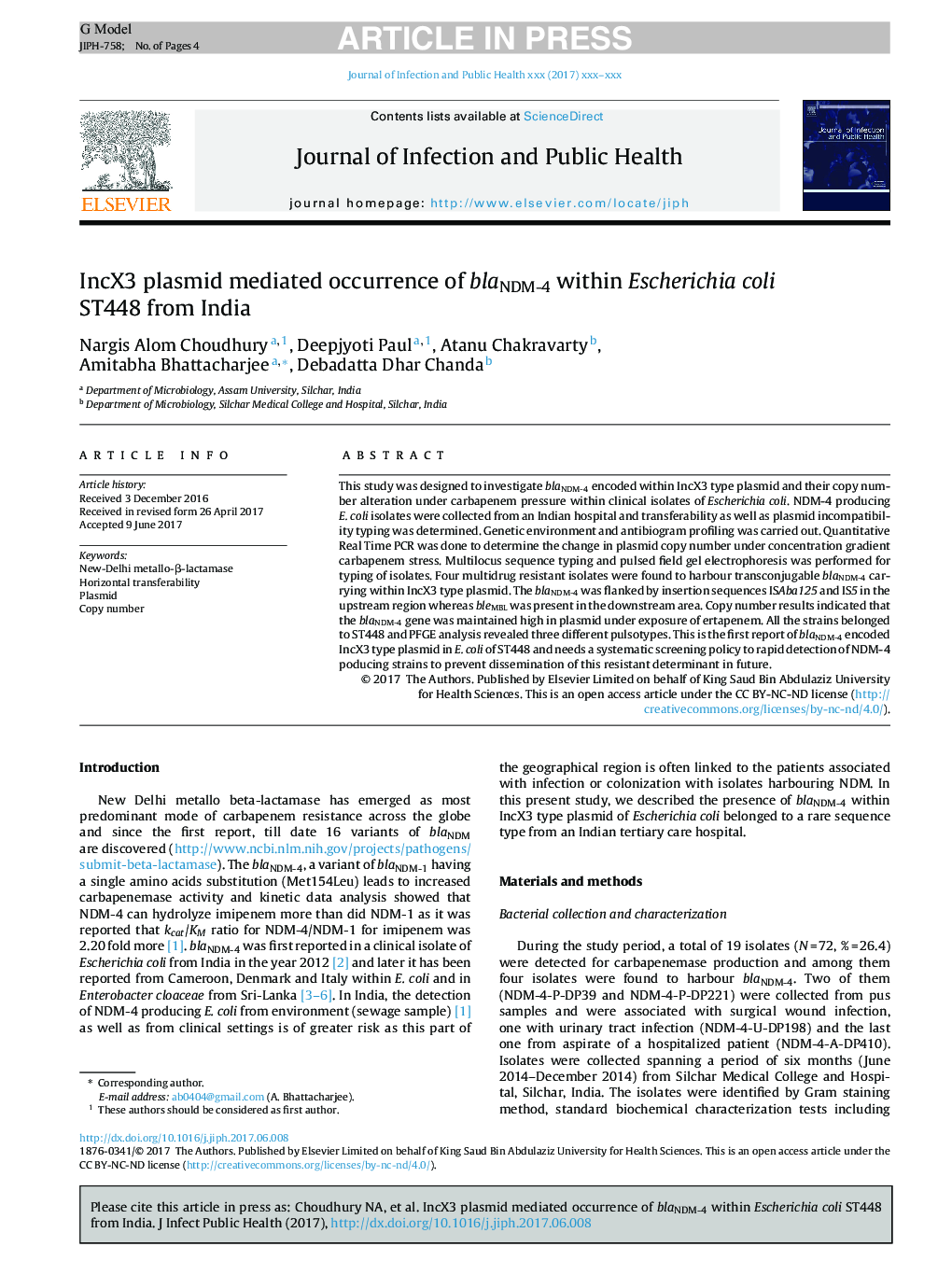 IncX3 plasmid mediated occurrence of blaNDM-4 within Escherichia coli ST448 from India