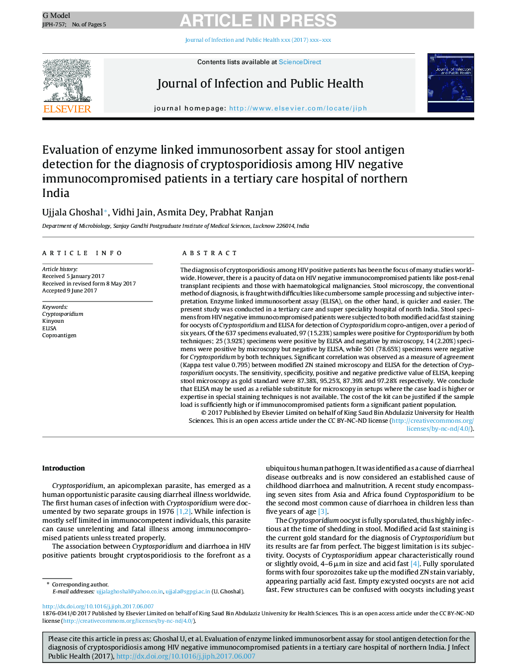 Evaluation of enzyme linked immunosorbent assay for stool antigen detection for the diagnosis of cryptosporidiosis among HIV negative immunocompromised patients in a tertiary care hospital of northern India